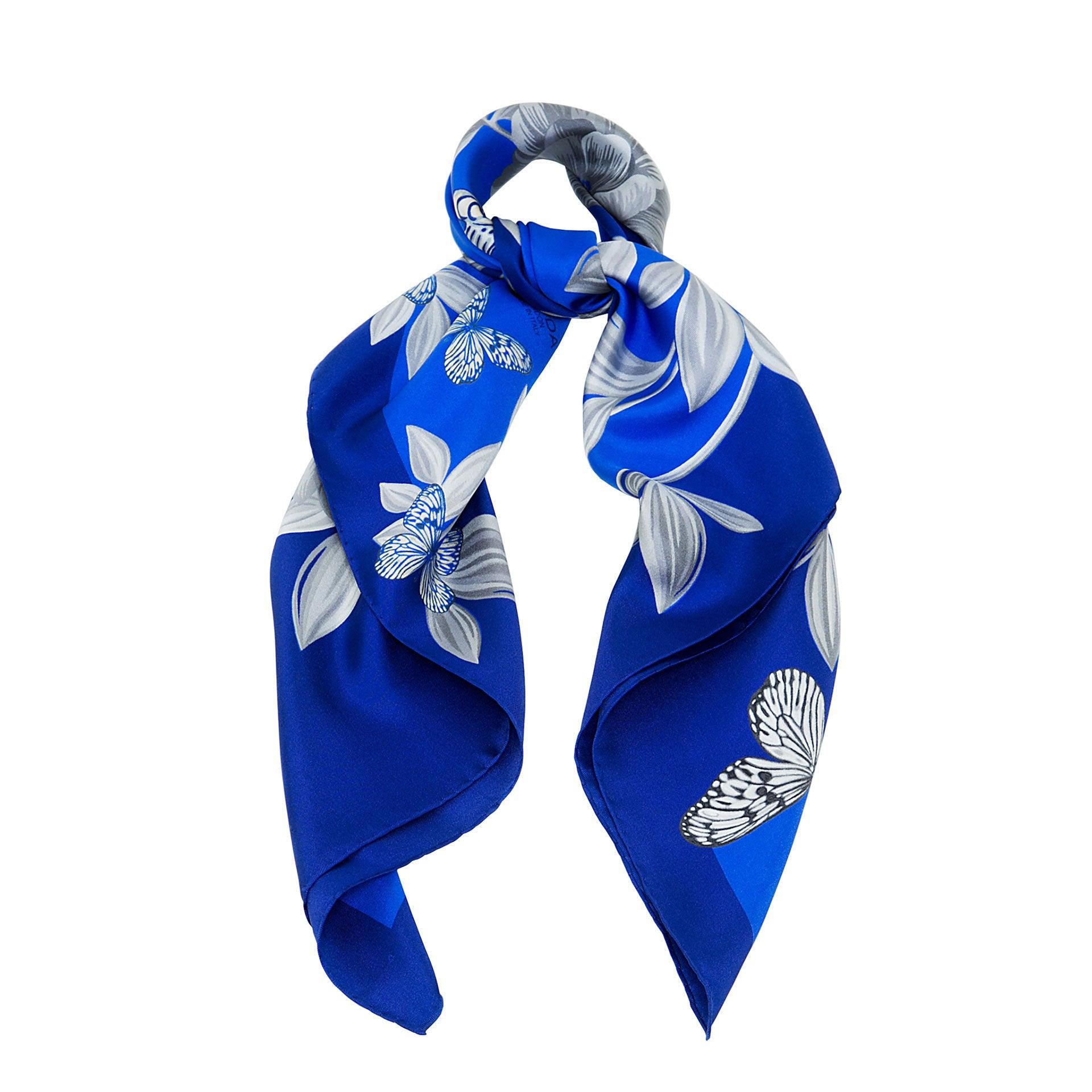Cobalt Blue British Rose Garden Silk Scarf - Marrying London's design with Italian craftsmanship, a luxurious gift from the heart.