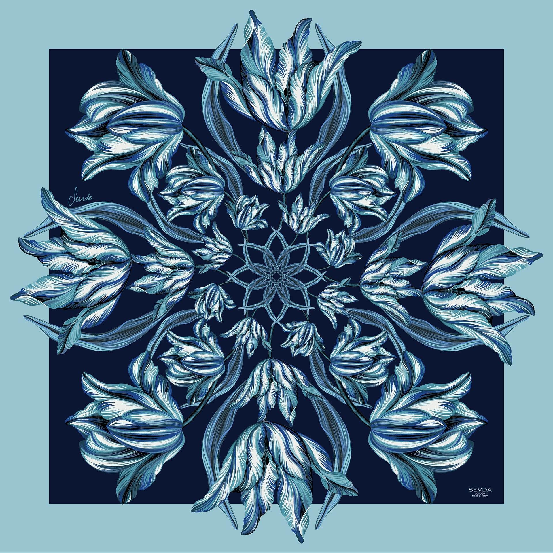 Blue British Tulip Garden Silk Scarf - Fusion of London's design and Italian craftsmanship, an exquisite gift choice.