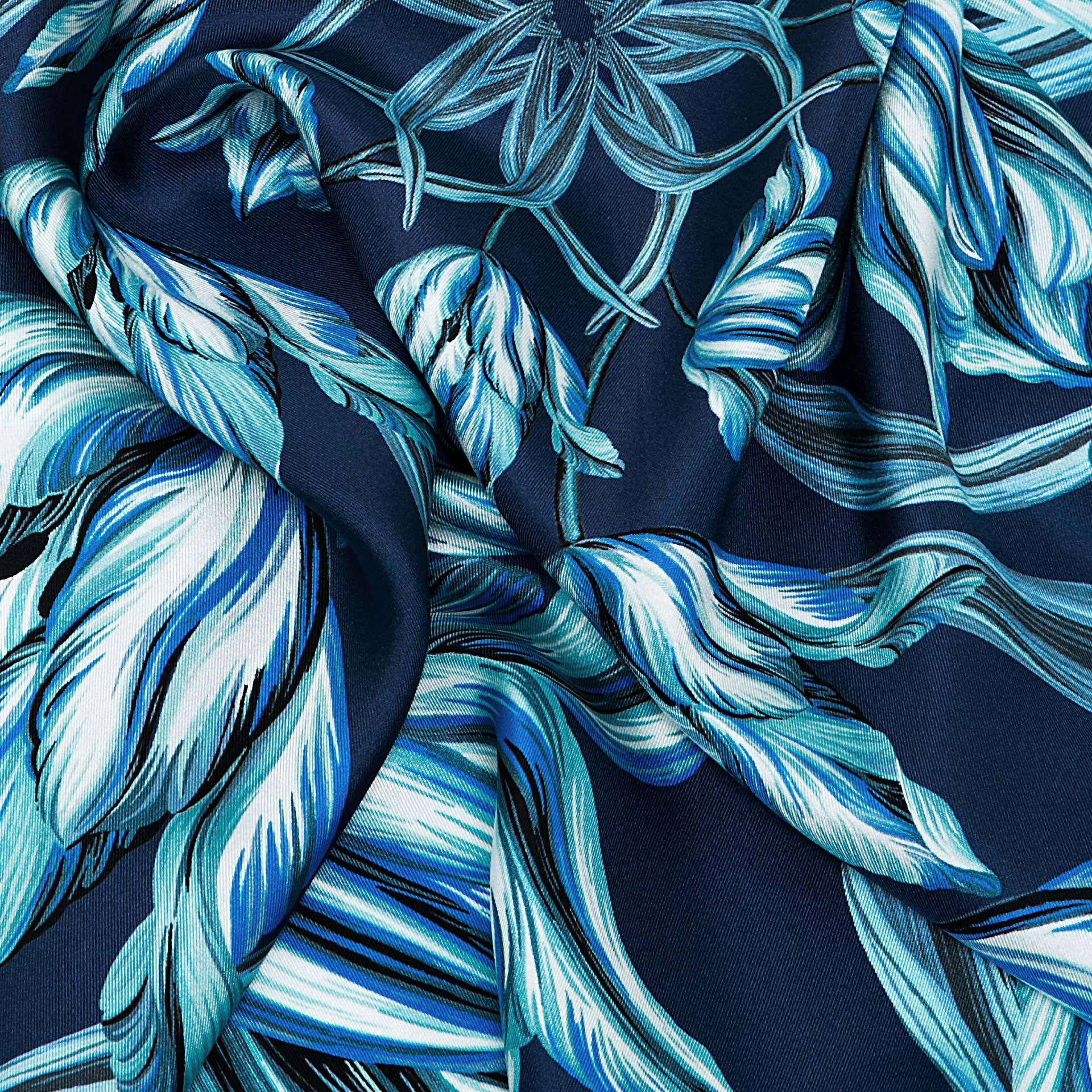 Blue British Tulip Garden Silk Scarf - Fusion of London's design and Italian craftsmanship, an exquisite gift choice.