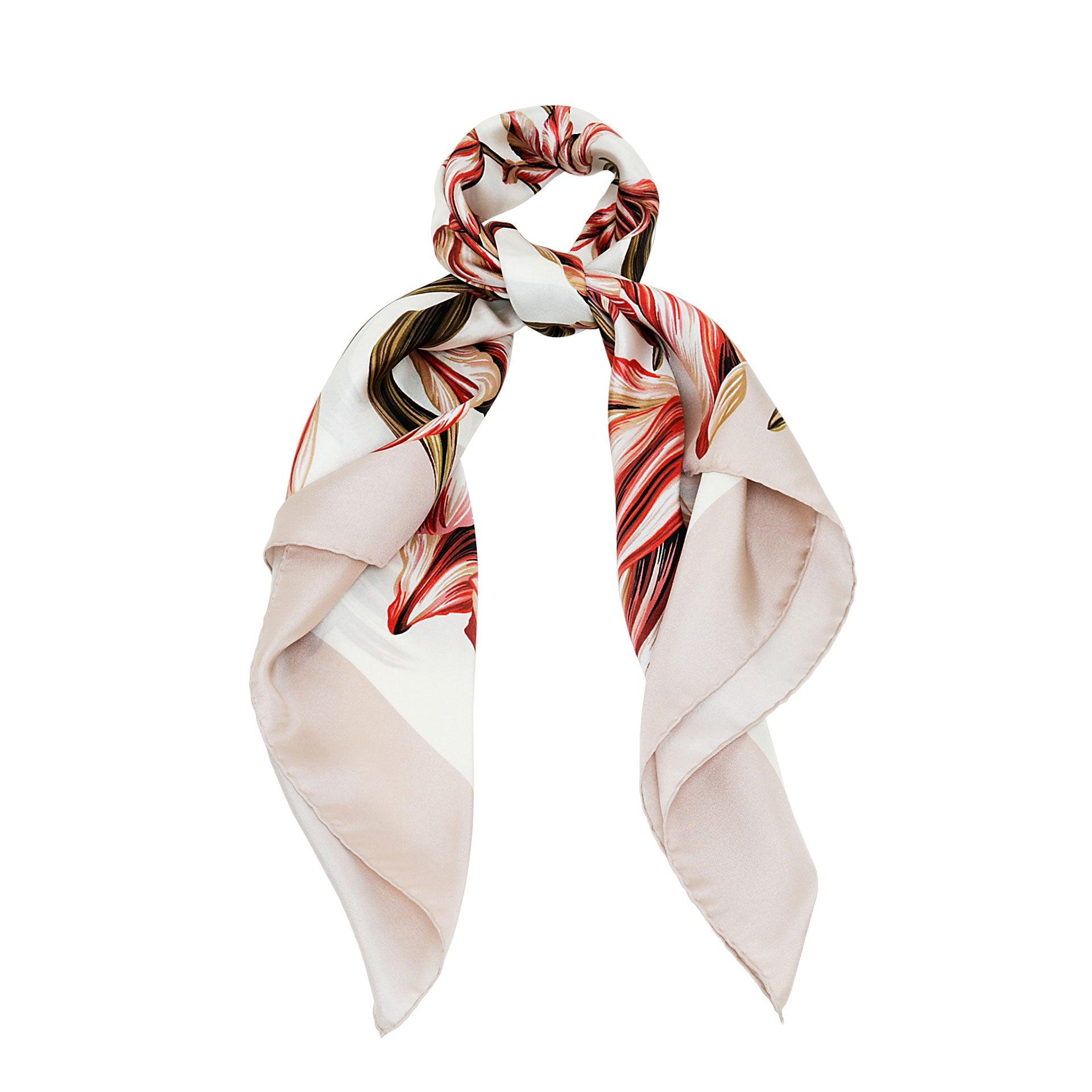 Dusty Pink British Tulip Garden Silk Scarf - Fusion of London's design and Italian craftsmanship, an exquisite gift choice.