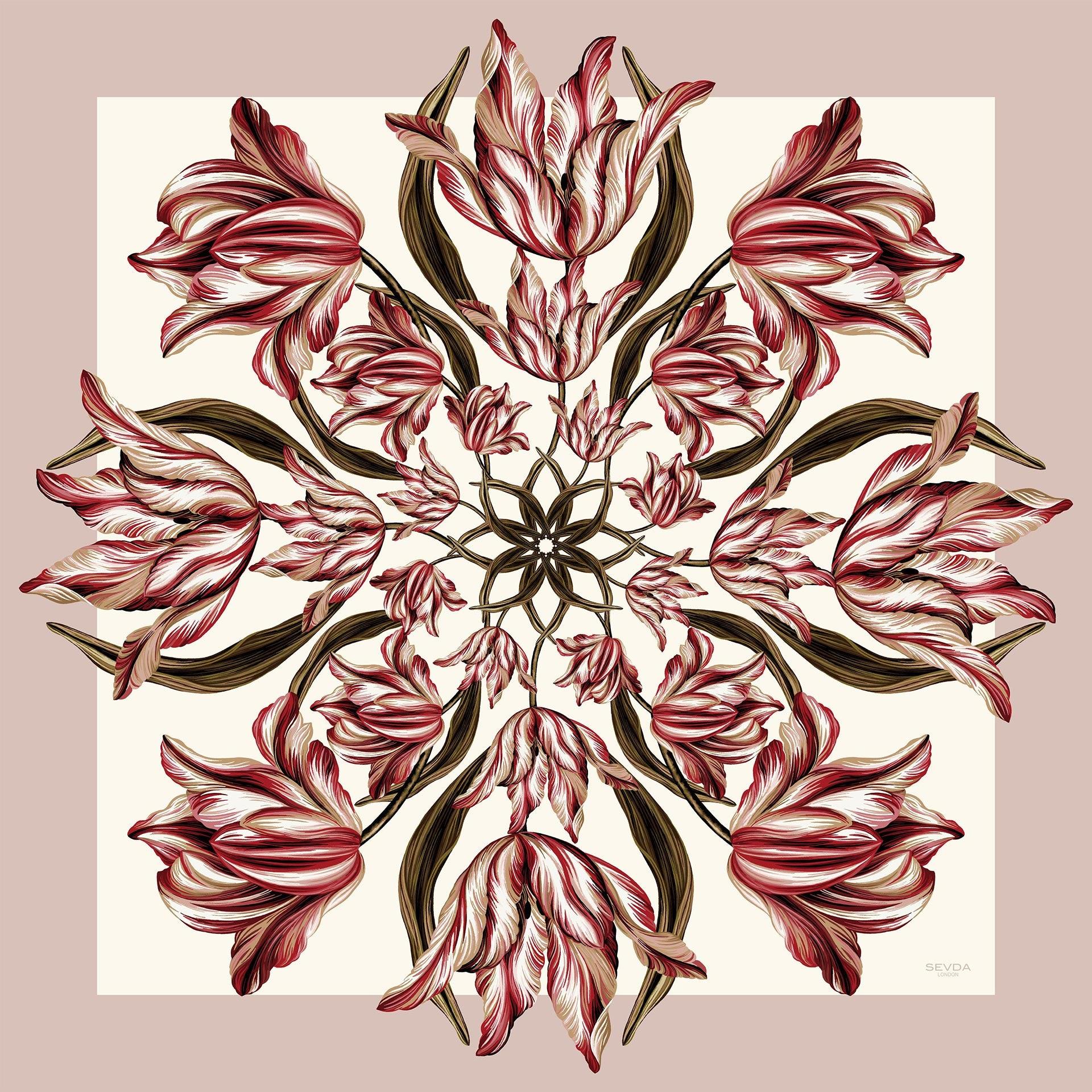 Dusty Pink British Tulip Garden Silk Scarf - Fusion of London's design and Italian craftsmanship, an exquisite gift choice.