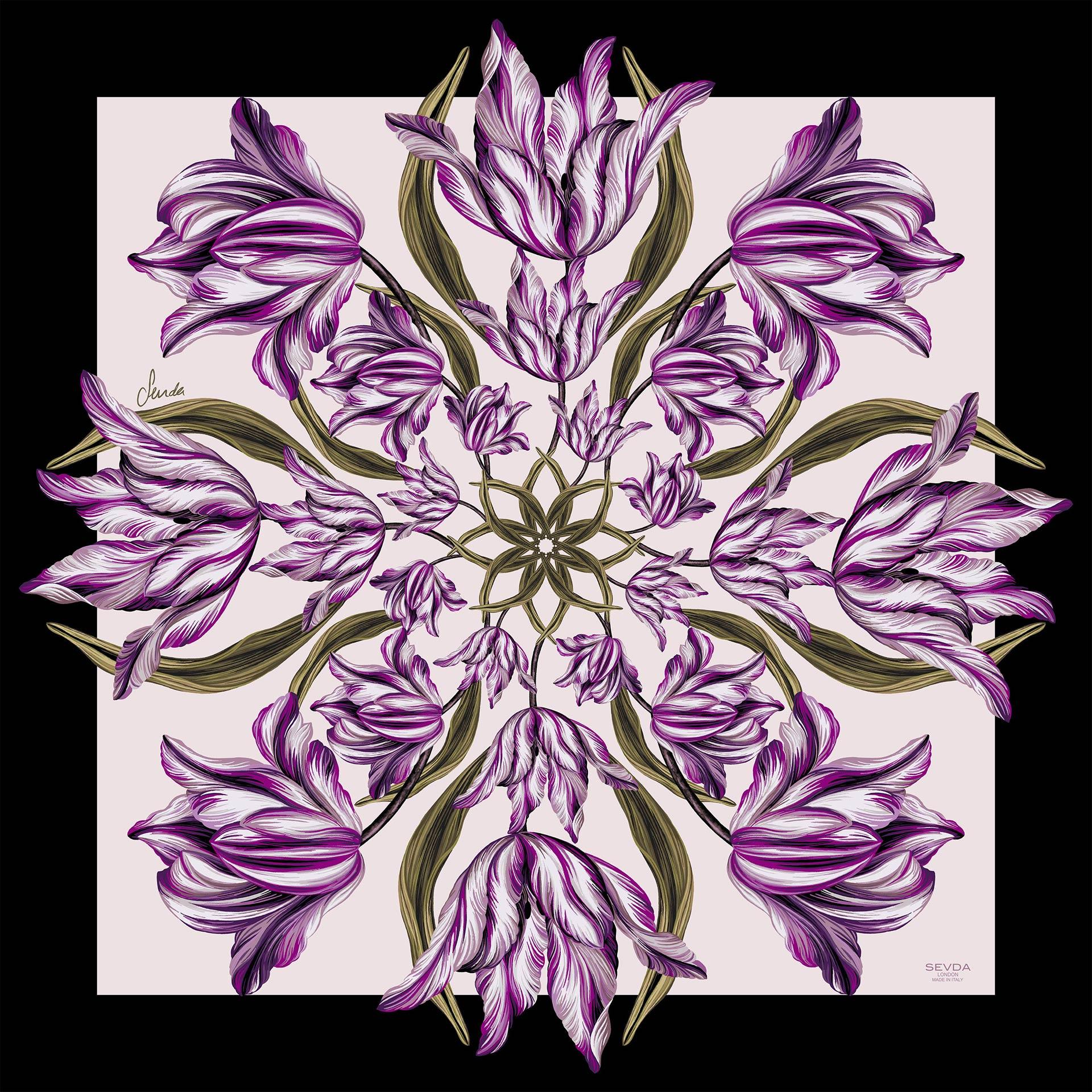 Violet British Tulip Garden Silk Scarf - Fusion of London's design and Italian craftsmanship, an exquisite gift choice.