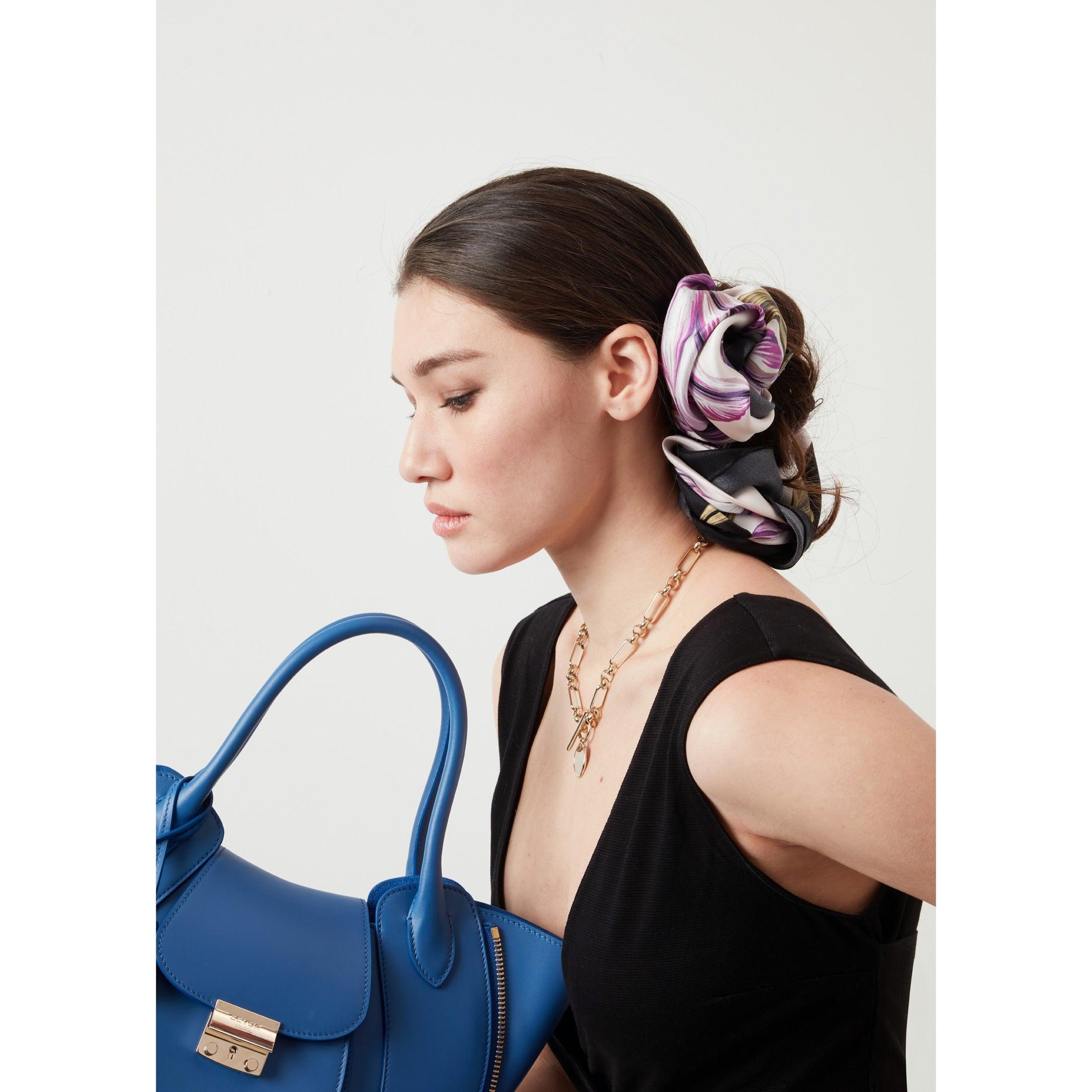 Violet British Tulip Garden Silk Scarf - Fusion of London's design and Italian craftsmanship, an exquisite gift choice.