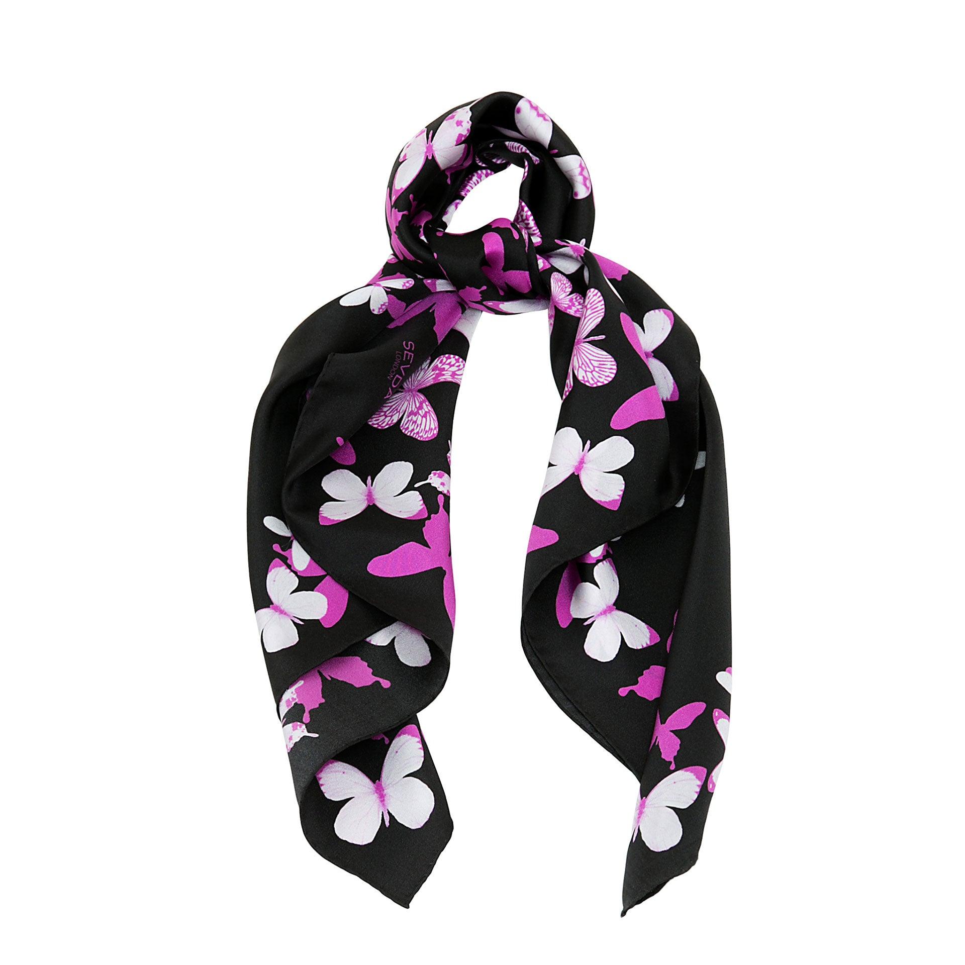 Fuchsia Butterflies Black Silk Scarf - A blend of London's design and Italian craftsmanship, a luxurious gift choice.