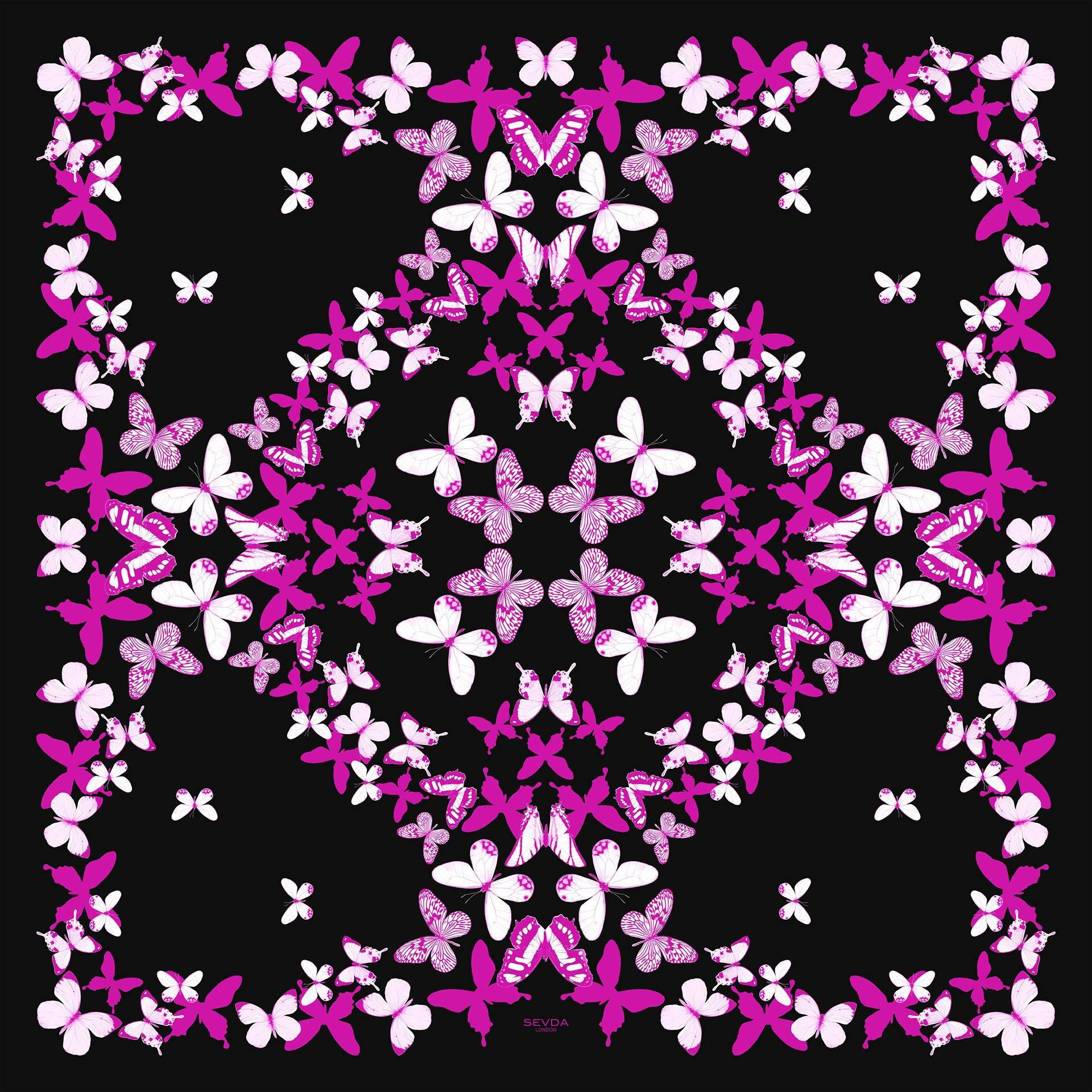 Fuchsia Butterflies Black Silk Scarf - A blend of London's design and Italian craftsmanship, a luxurious gift choice.