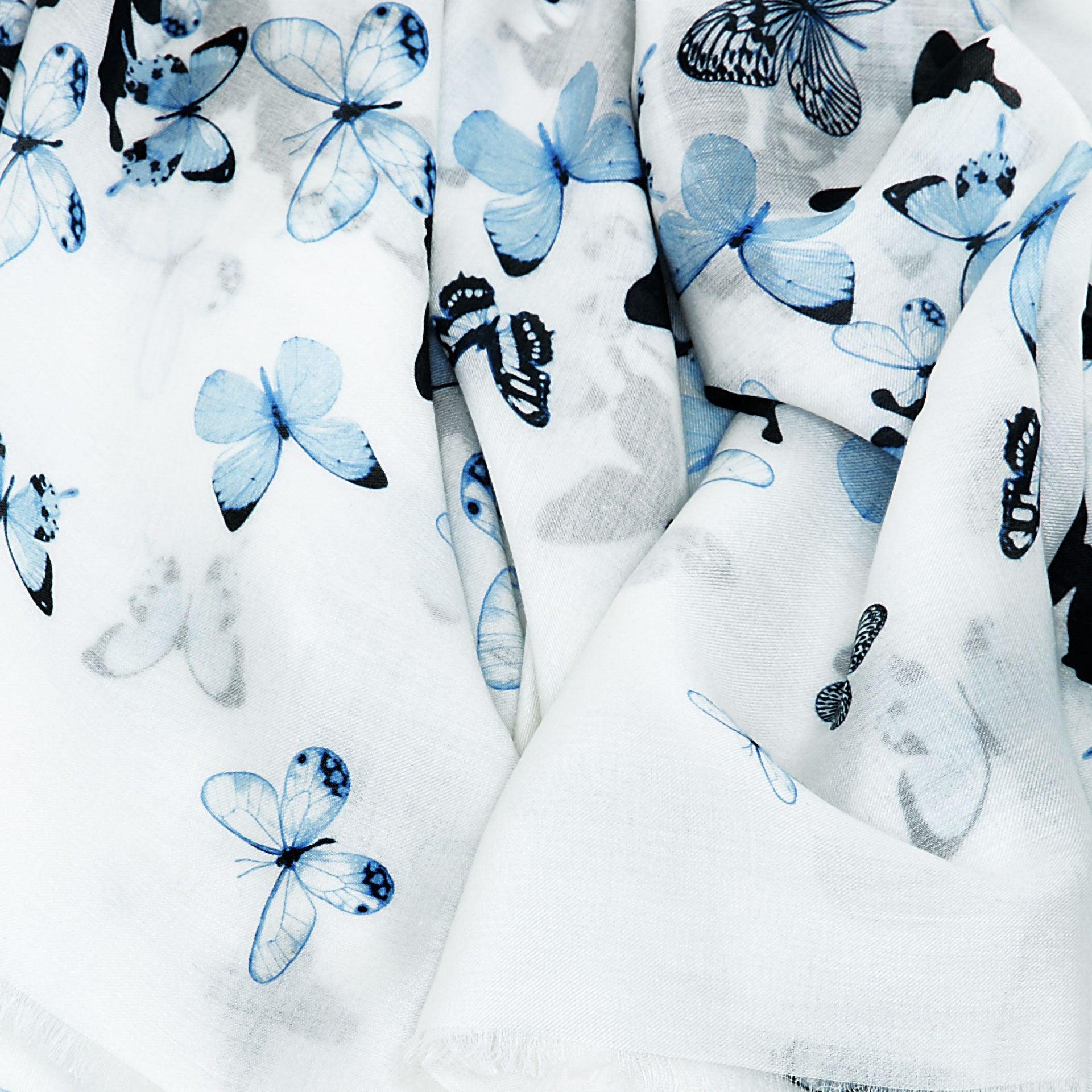 Sky Blue Butterflies Cashmere Blend Scarf - Fusion of London's design and Italian craftsmanship, a luxurious gift choice.