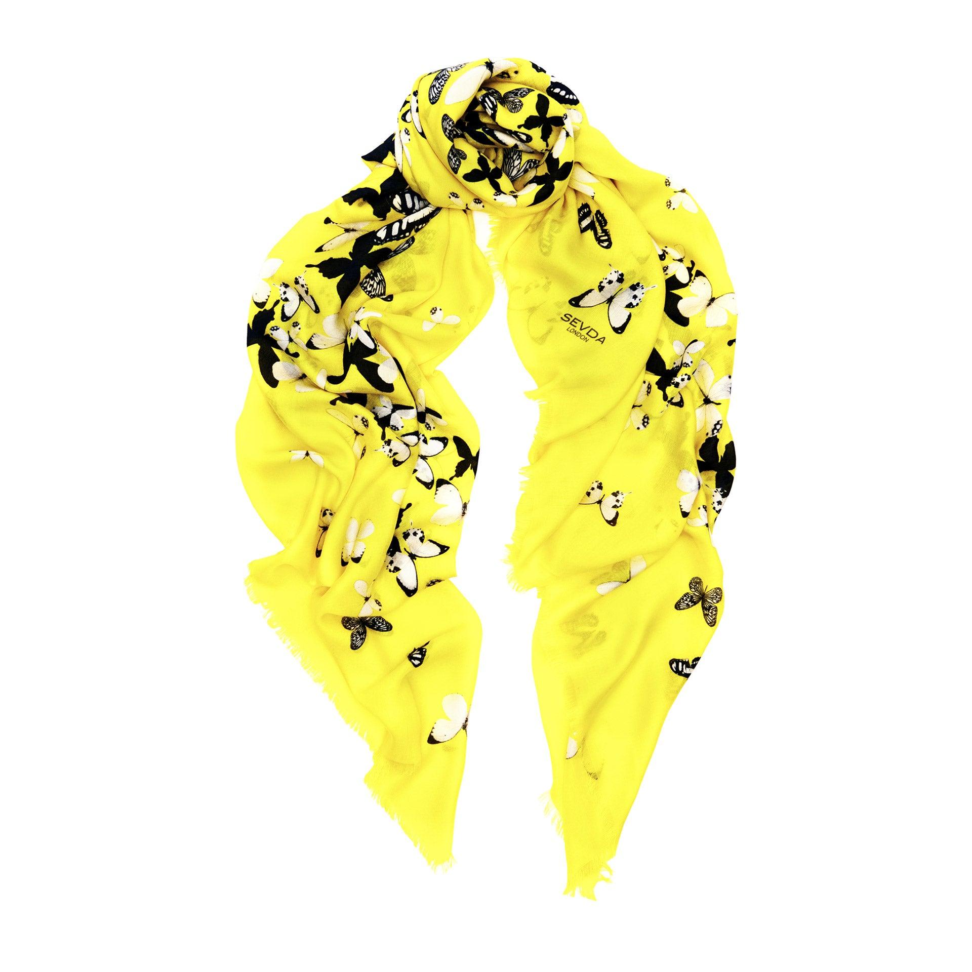 Yellow Butterflies Cashmere Blend Scarf - Fusion of London's design and Italian craftsmanship, a luxurious gift choice.