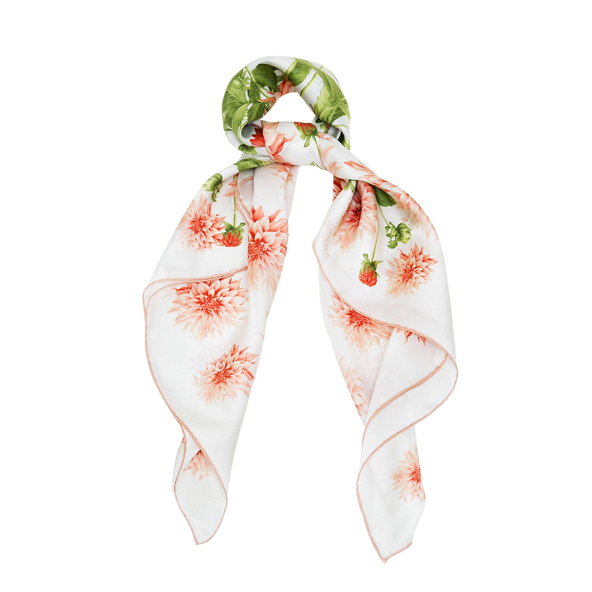 Coral Pink Dahlia Garden Silk Scarf - Harmonising London's design with Italian craftsmanship, a splendid gift choice.