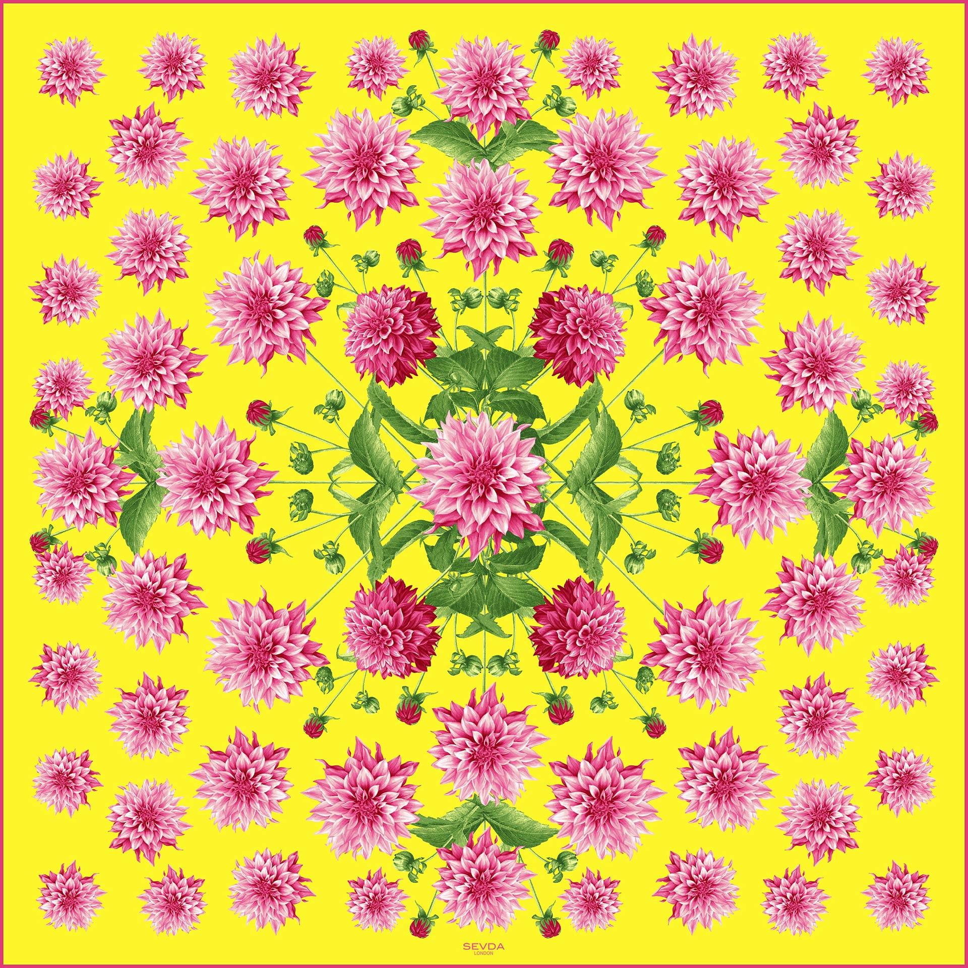 Yellow Dahlia Garden Silk Scarf - Harmonising London's design with Italian craftsmanship, a splendid gift choice.