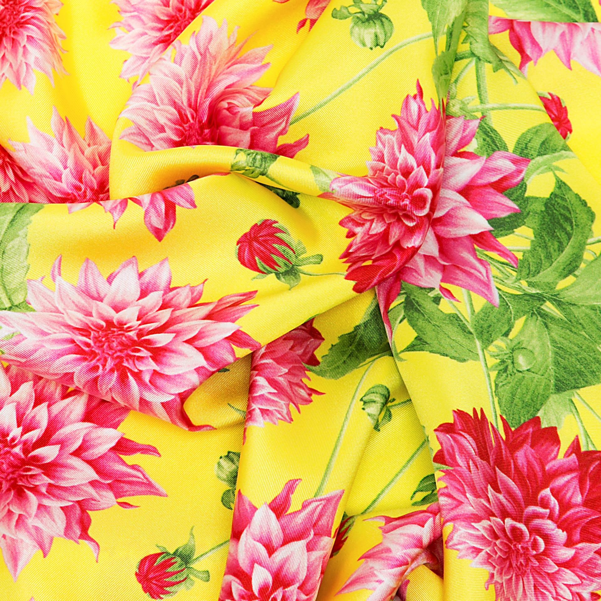 Yellow Dahlia Garden Silk Scarf - Harmonising London's design with Italian craftsmanship, a splendid gift choice.