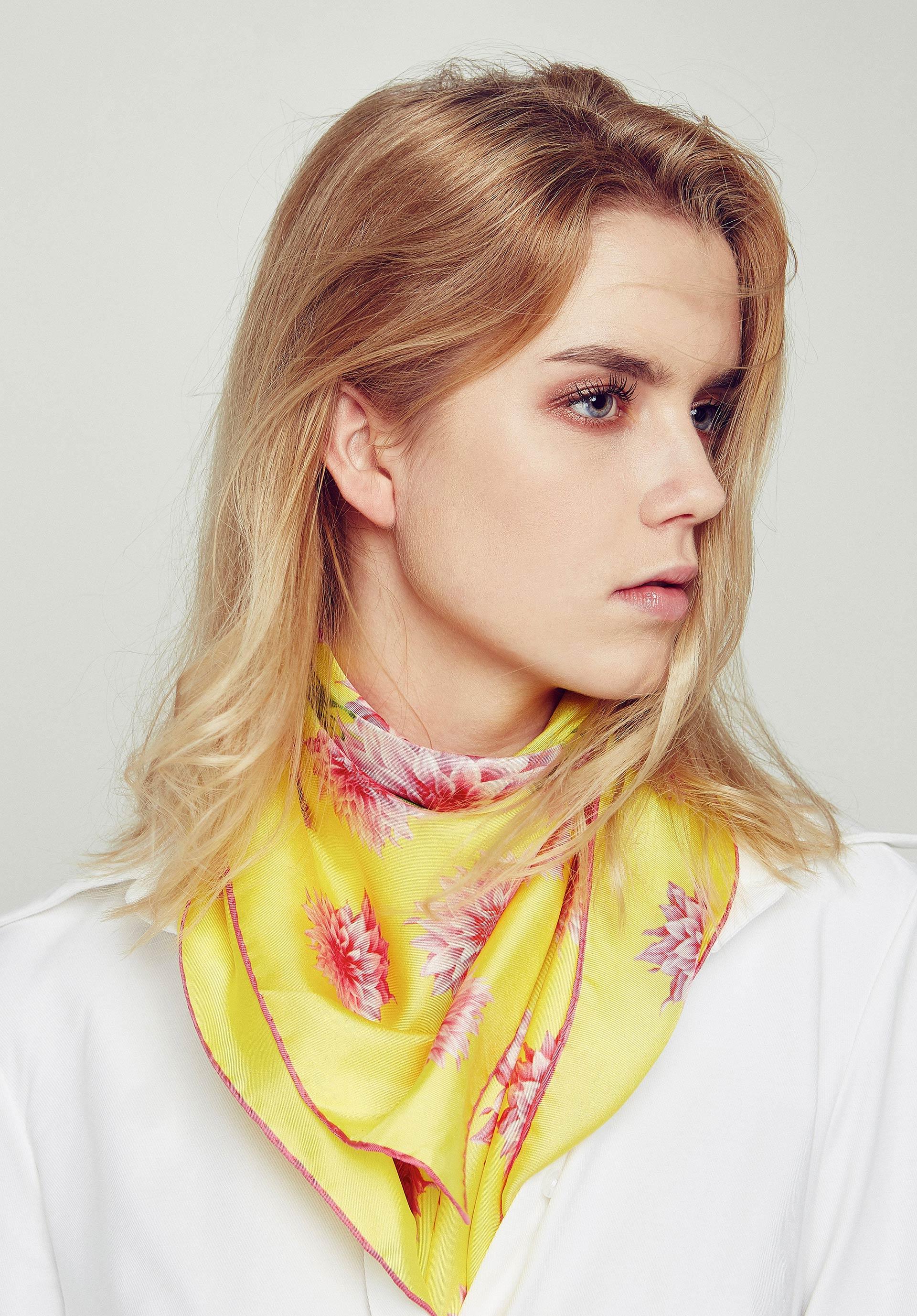 Yellow Dahlia Garden Silk Scarf - Harmonising London's design with Italian craftsmanship, a splendid gift choice.