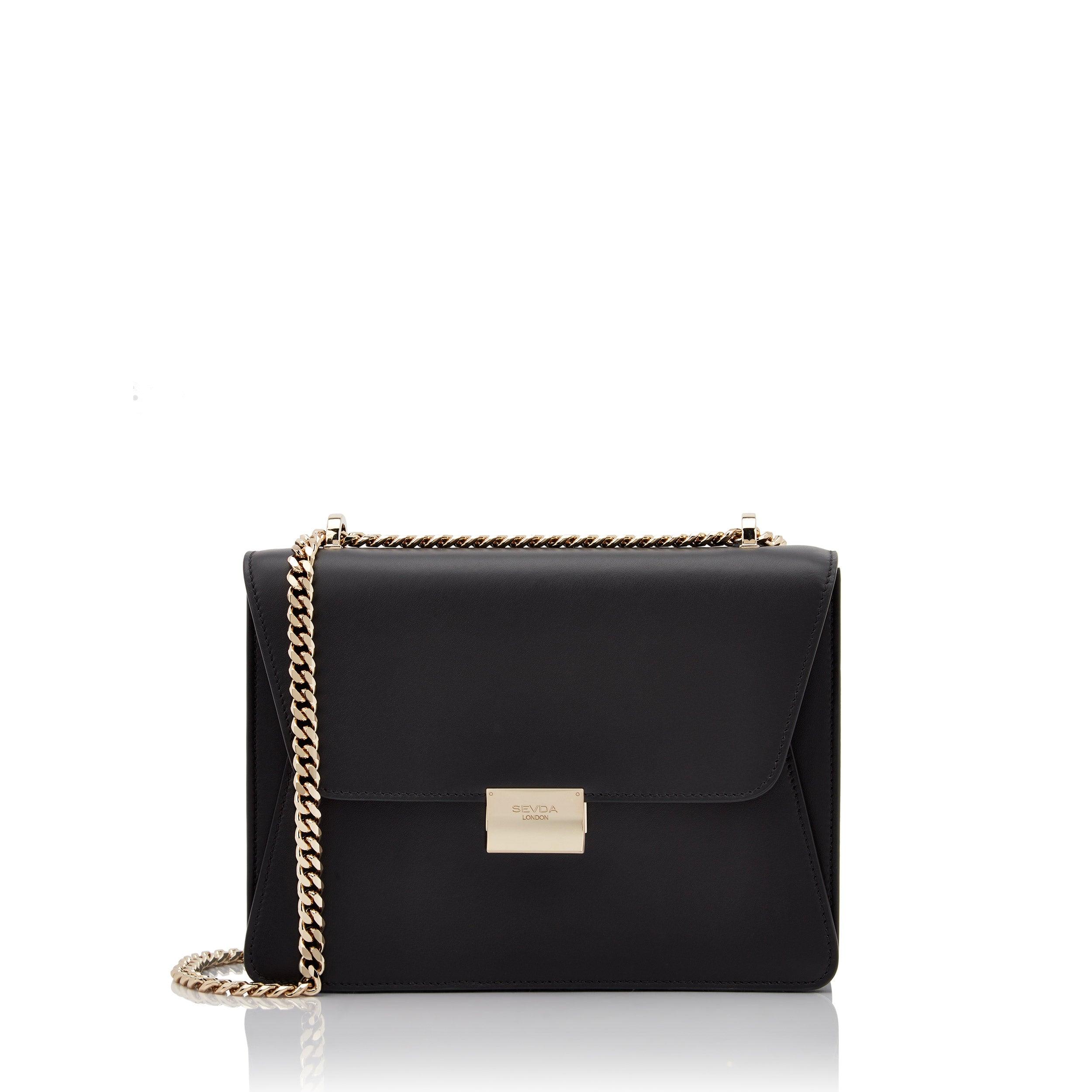 Black Designer Shoulder Bag with Gold Chain - Where London fashion meets Italian craftsmanship.