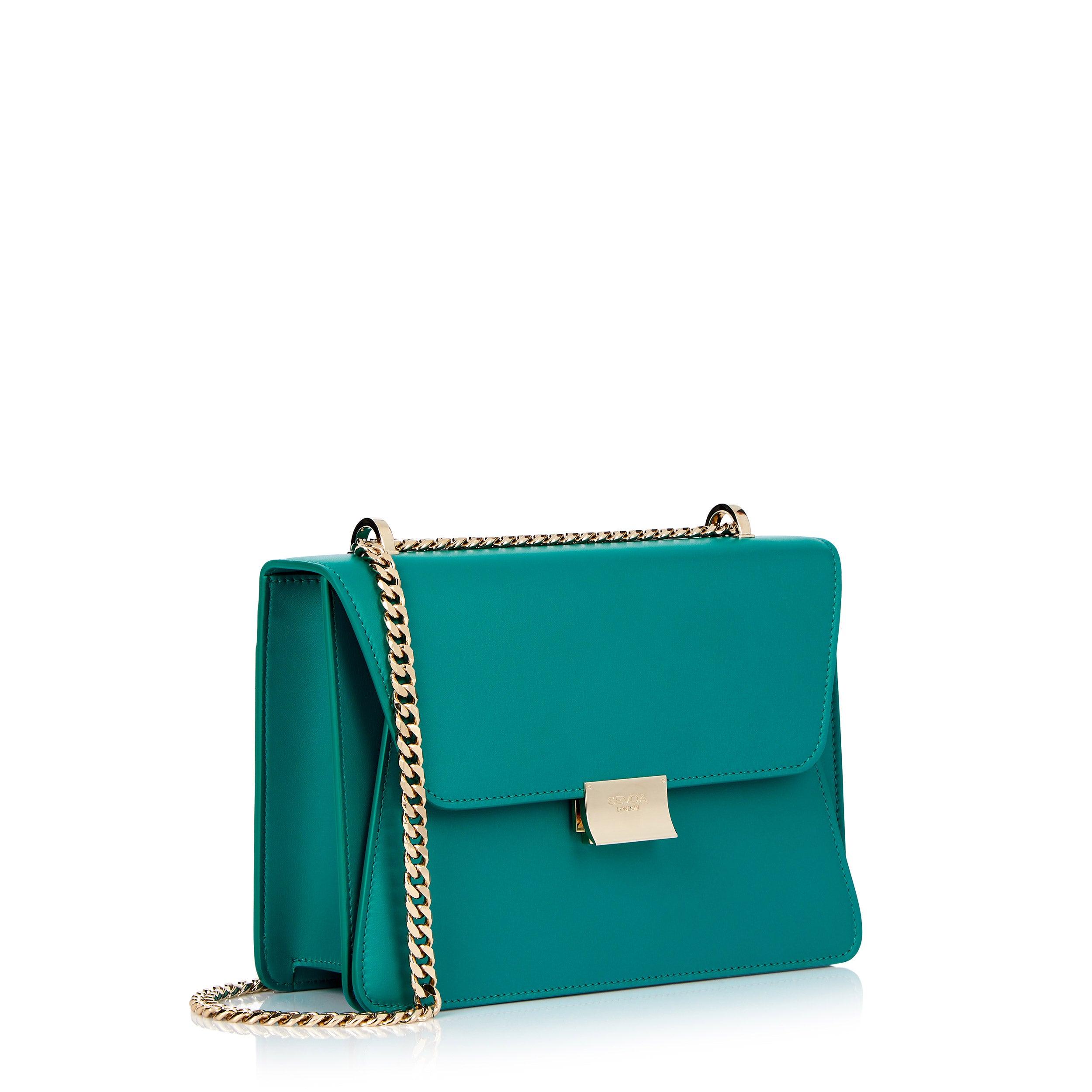 Emerald Green Designer Shoulder Bag with Gold Chain - Where London fashion meets Italian craftsmanship.