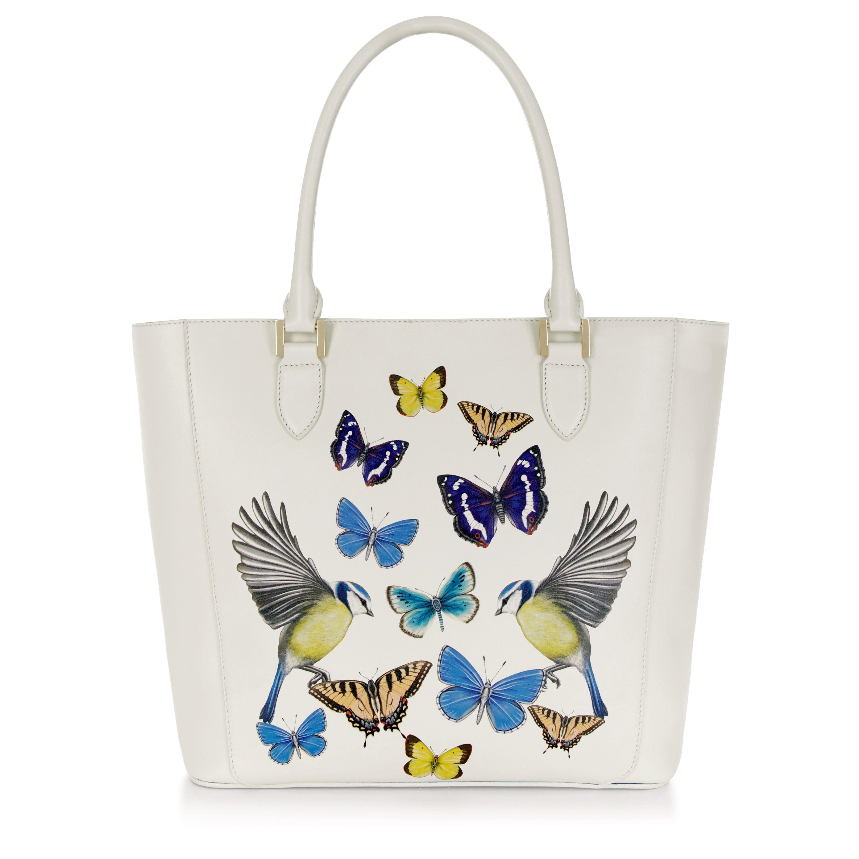 Off White Princess Shopper Bag with Butterflies Print - SEVDA LONDON Designer Bags from Italy.