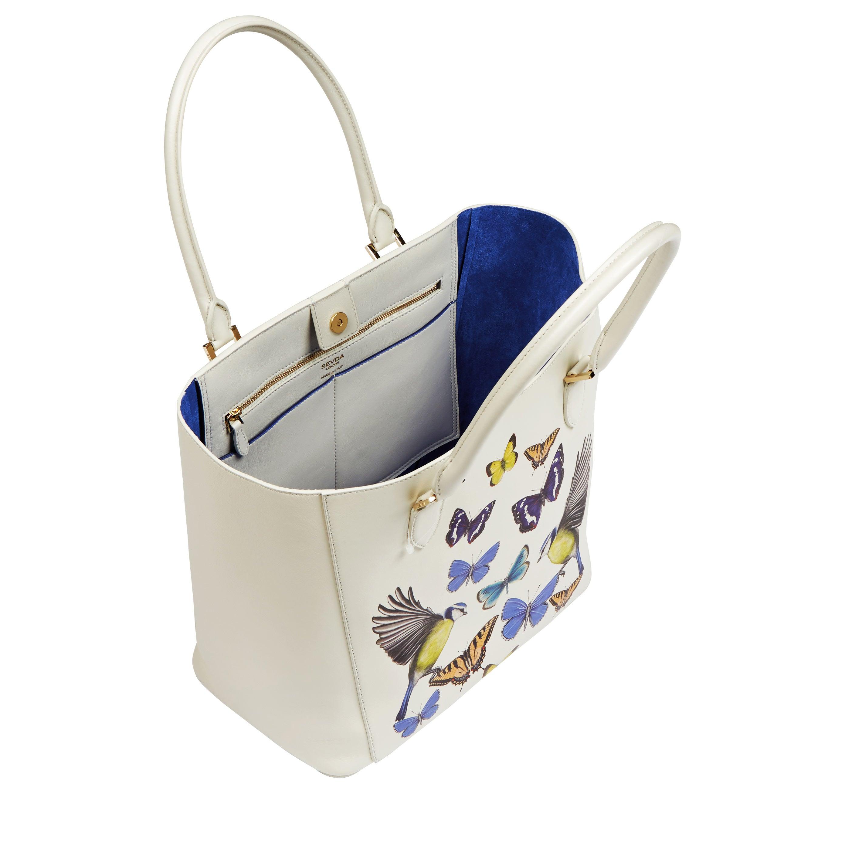 Off White Princess Shopper Bag with Butterflies Print - SEVDA LONDON Designer Bags from Italy.