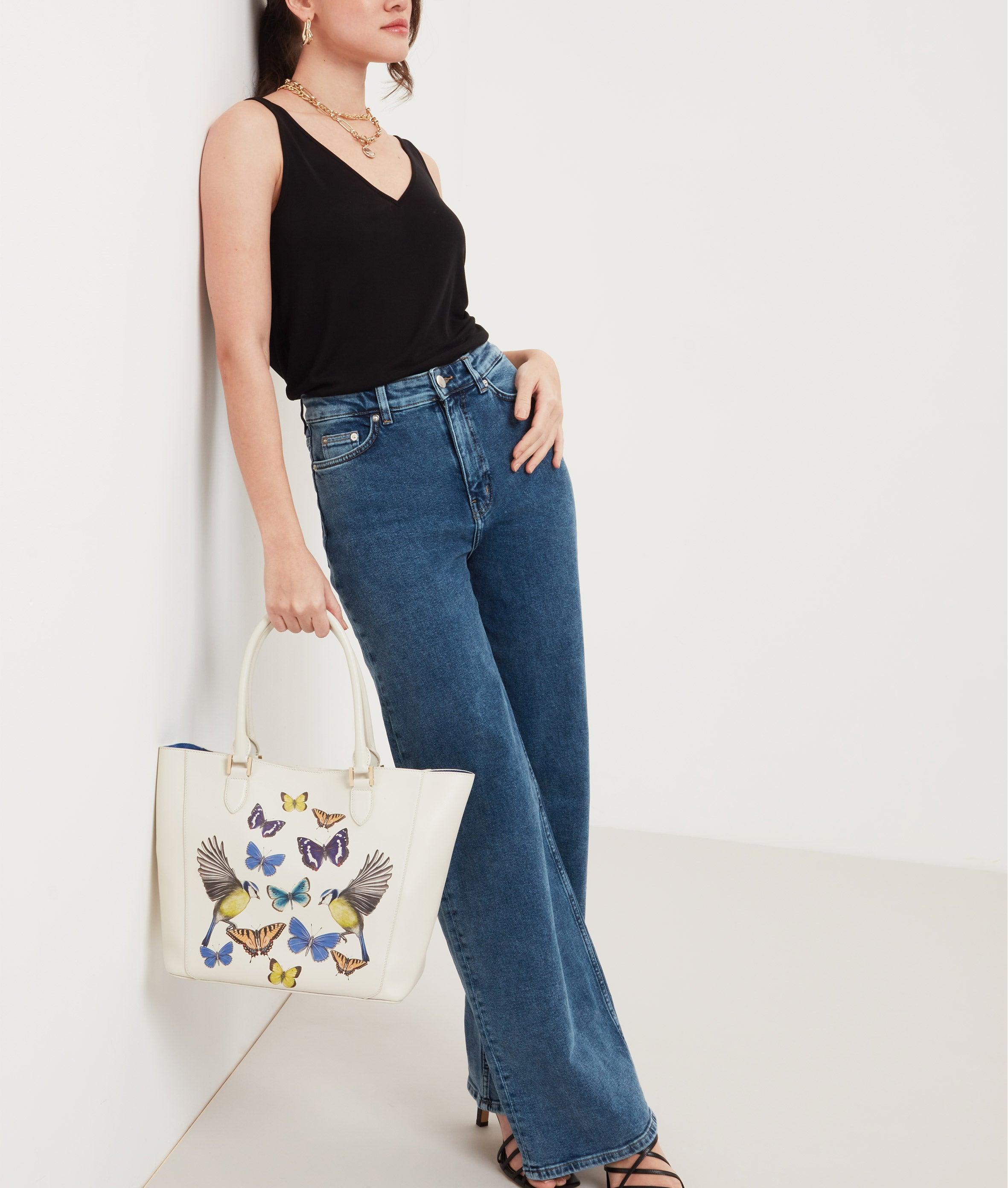 Off White Princess Shopper Bag with Butterflies Print - SEVDA LONDON Designer Bags from Italy.