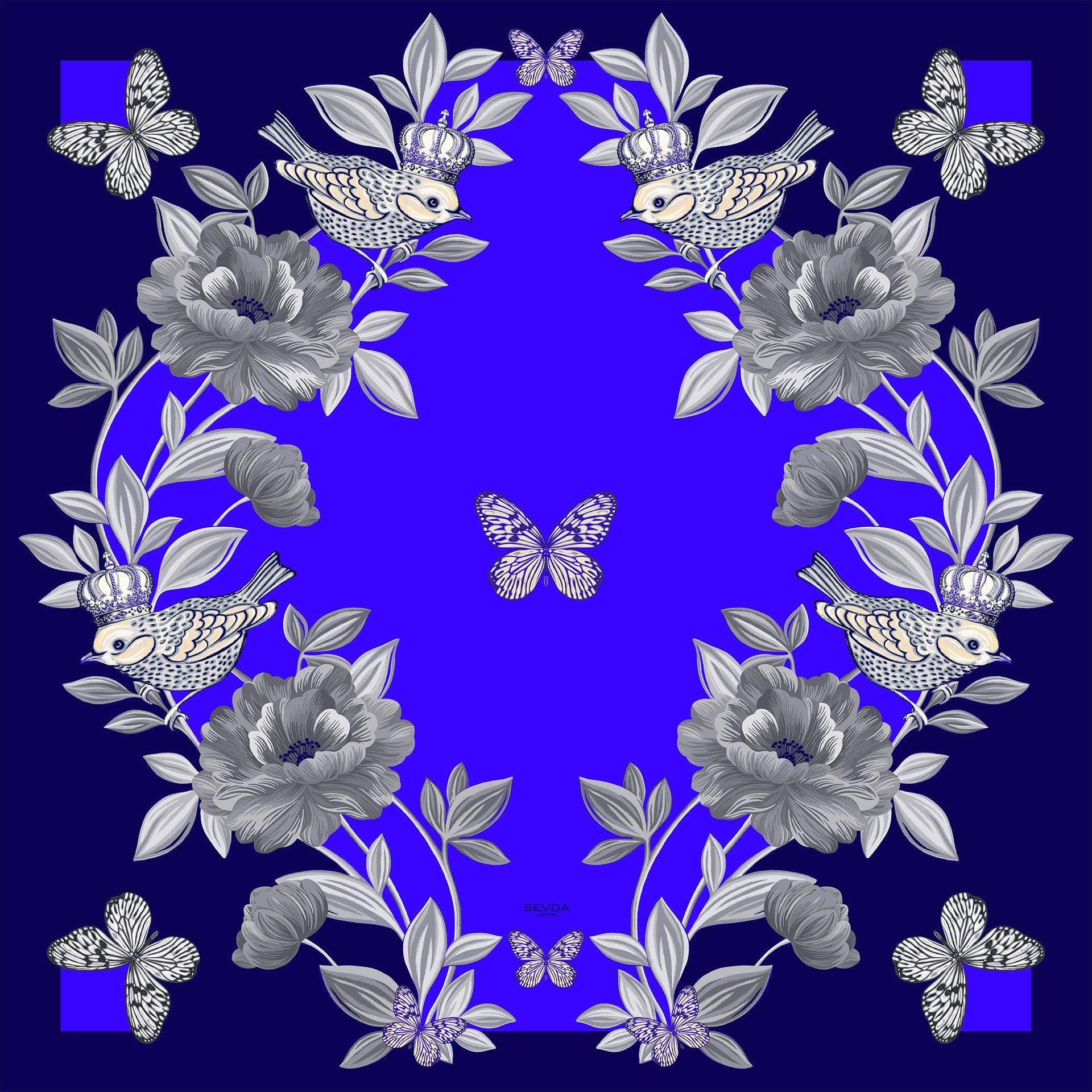 Cobalt Blue British Rose Garden Silk Scarf - Marrying London's design with Italian craftsmanship, a luxurious gift from the heart.