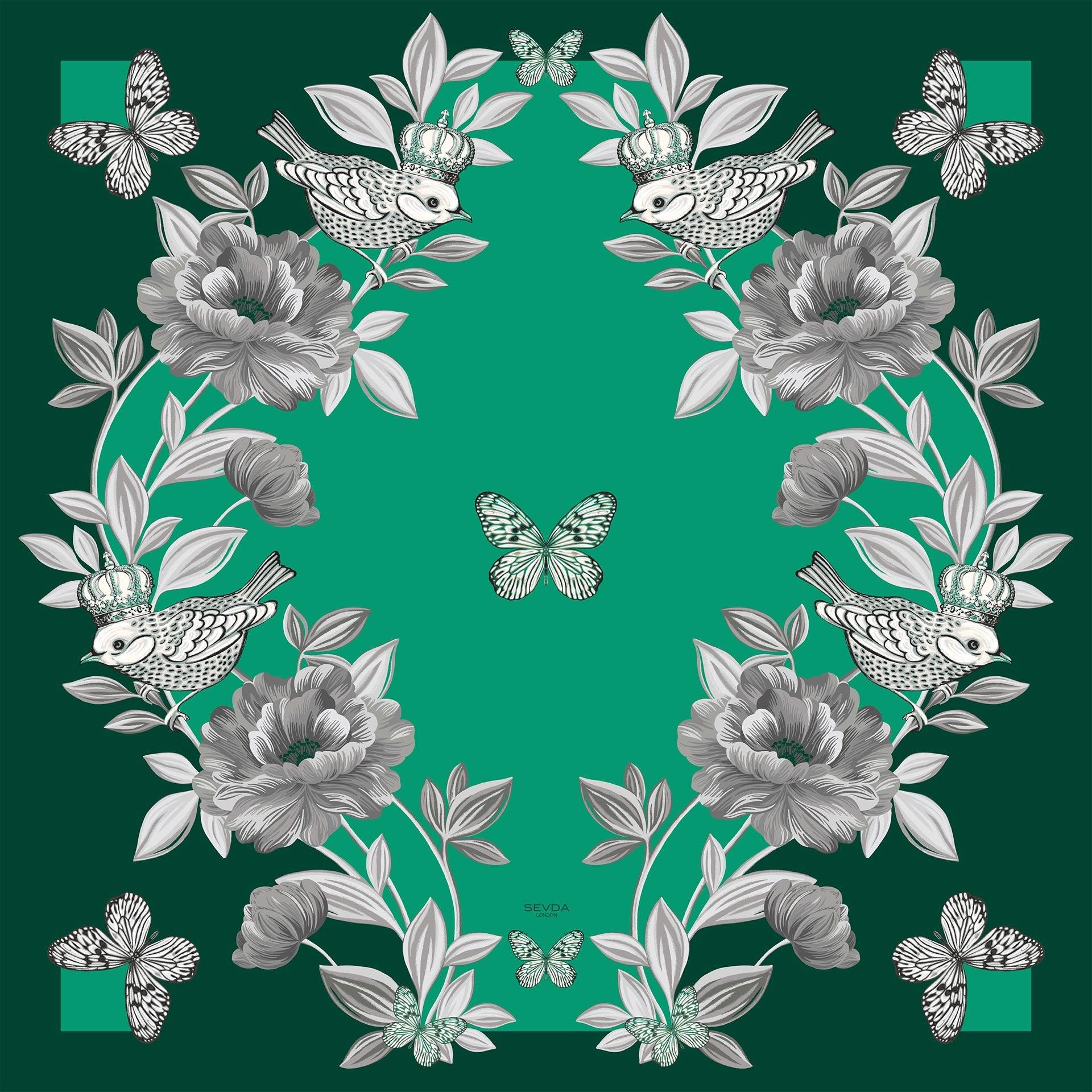 Emerald Green British Rose Garden Silk Scarf - The perfect blend of London's design and Italian craftsmanship, an exquisite gift choice.