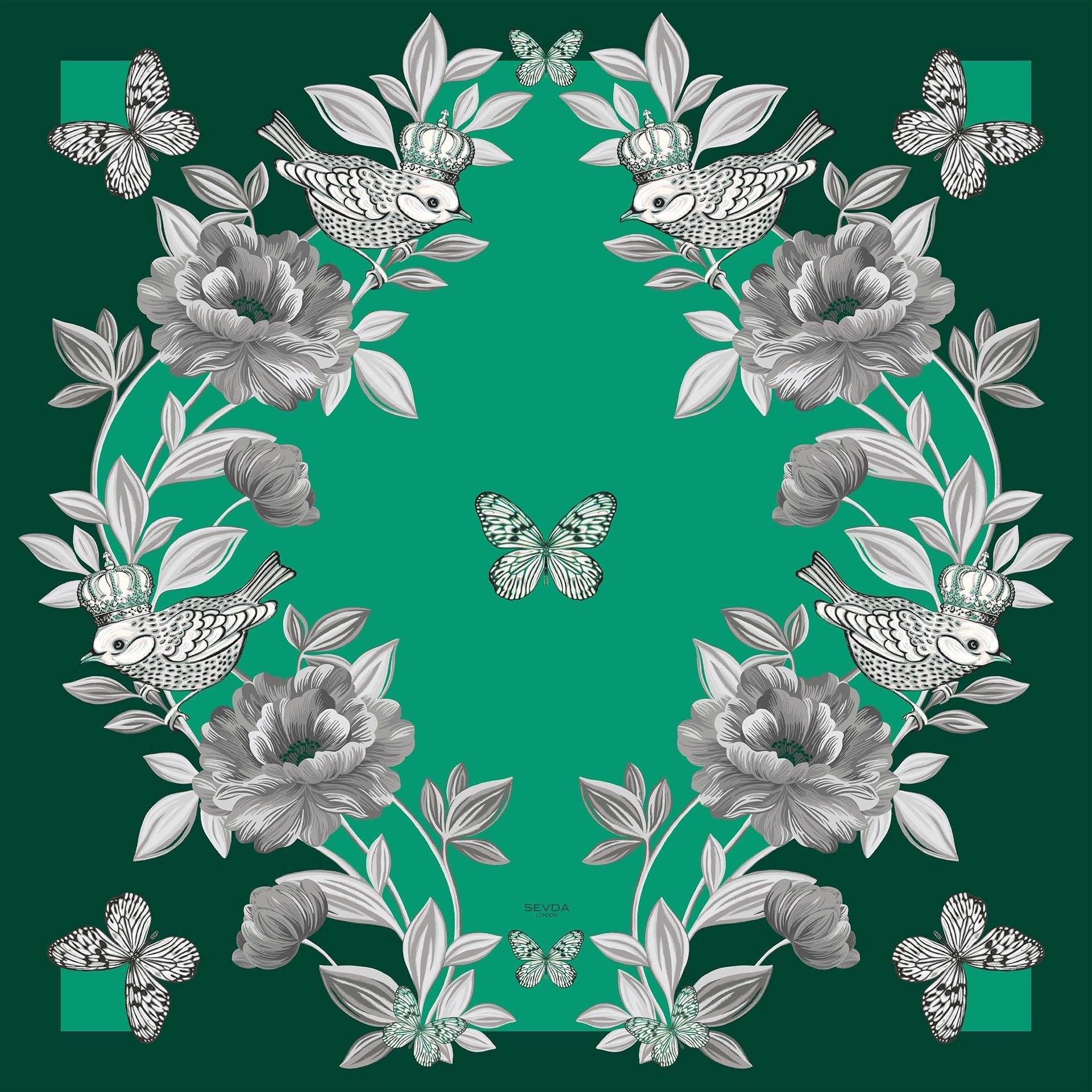 Emerald Green British Rose Garden Silk Scarf - The perfect blend of London's design and Italian craftsmanship, an exquisite gift choice.
