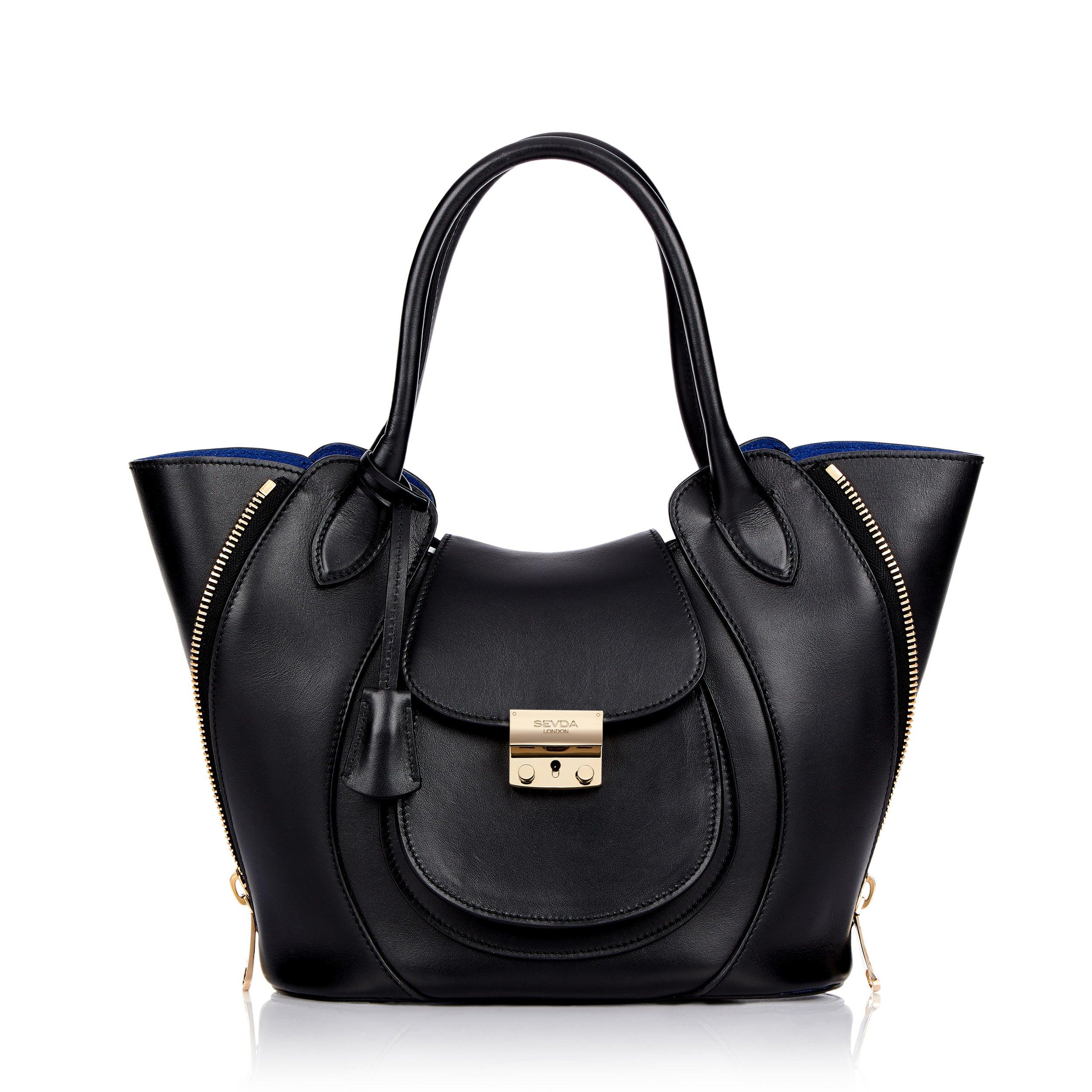Black Leather Luxury Designer Bag with Blue Suede Lining - Fusion of London's style and Italian craftsmanship.