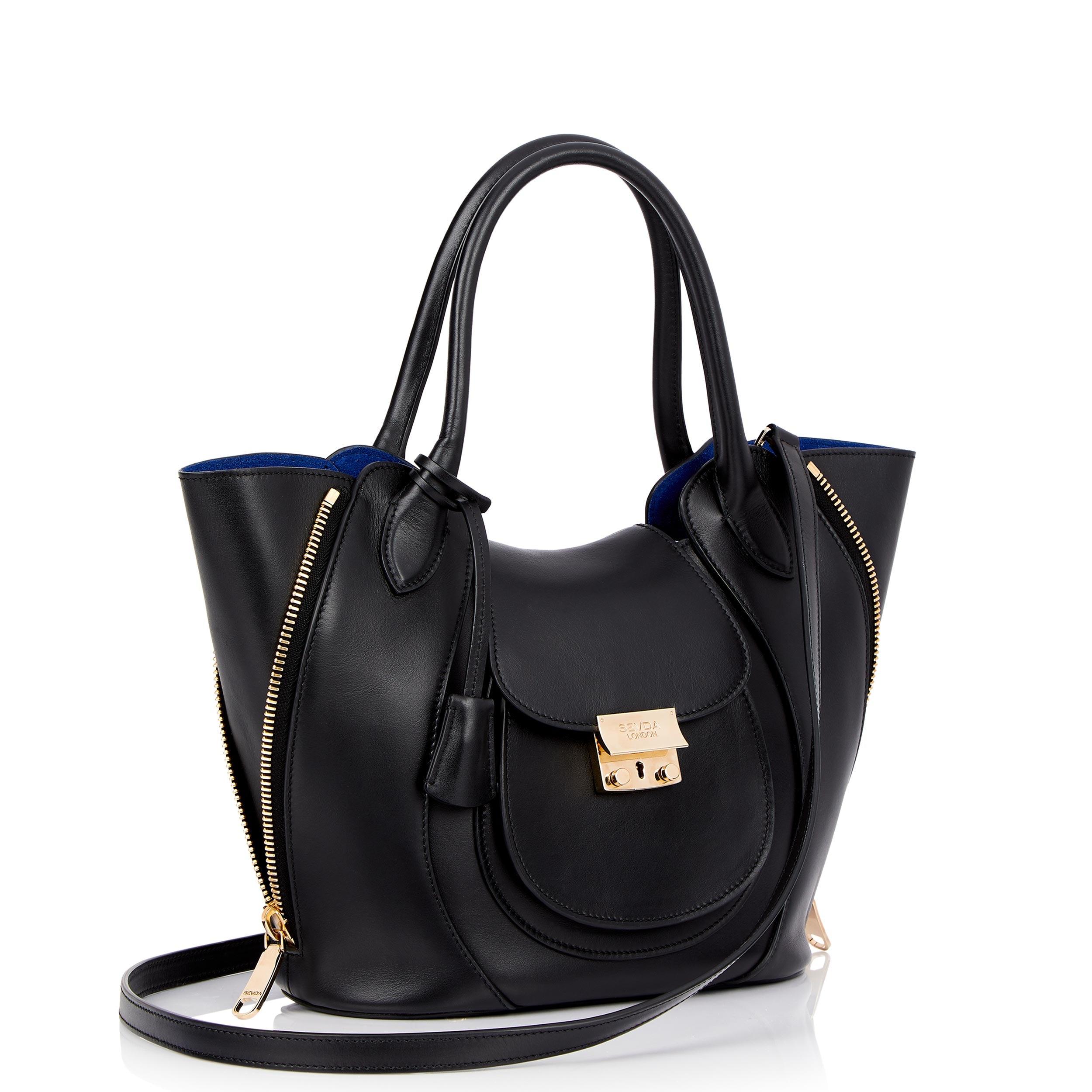 Black Leather Luxury Designer Bag with Blue Suede Lining - Fusion of London's style and Italian craftsmanship.