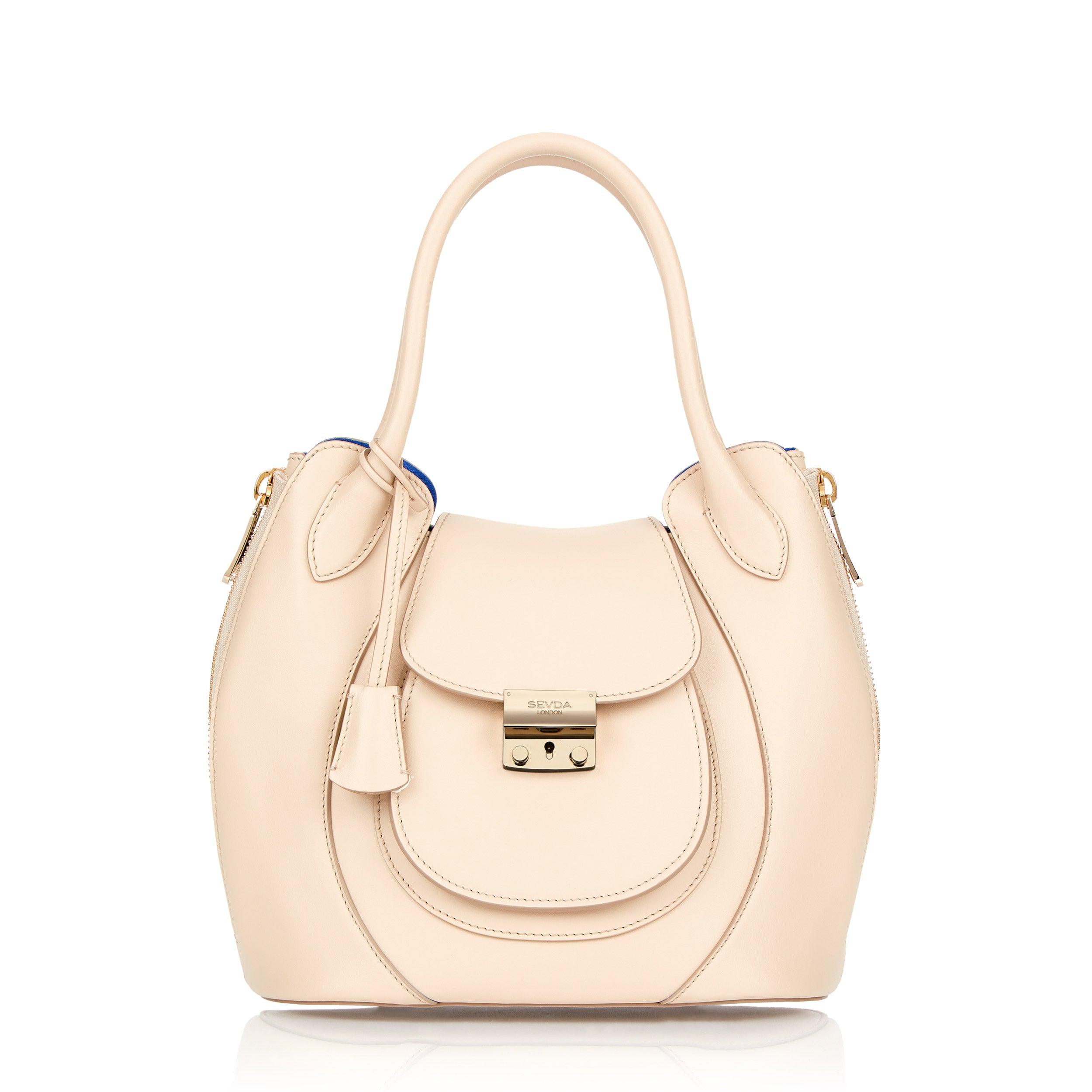 Ivory Leather Luxury Designer Bag with Blue Suede Lining - Fusion of London's style and Italian craftsmanship.
