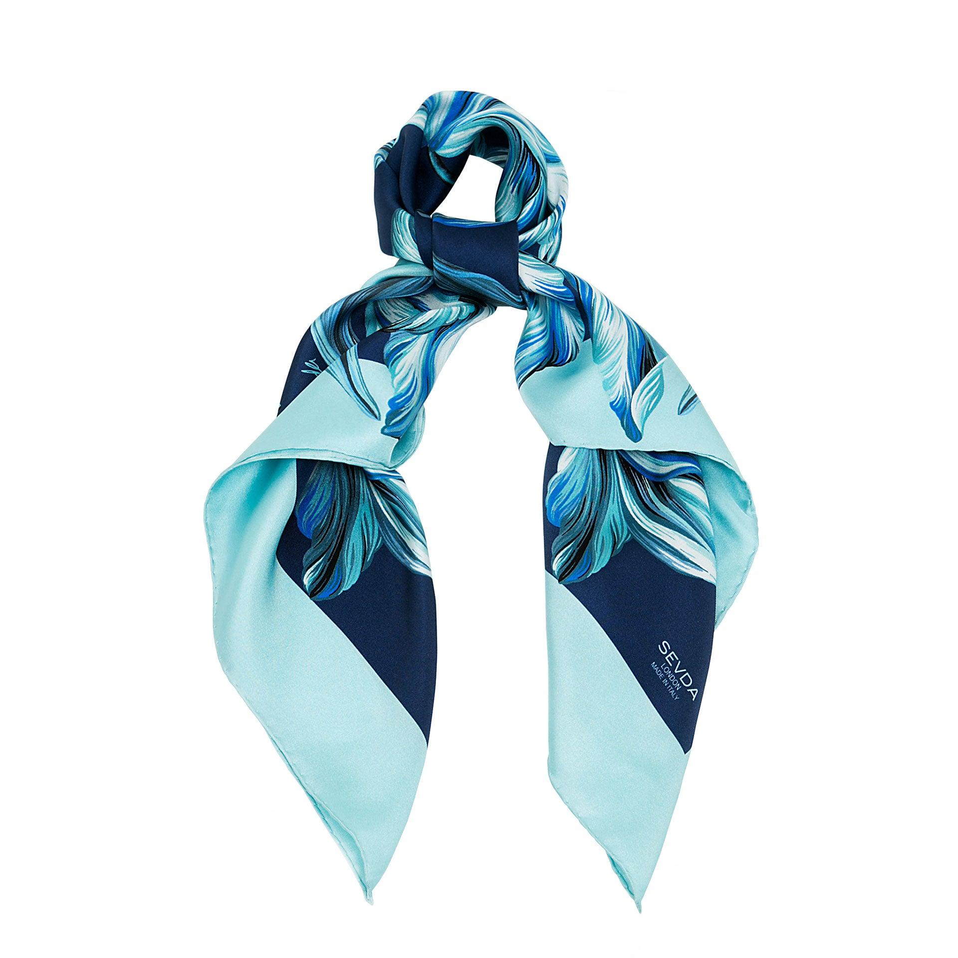 Blue British Tulip Garden Silk Scarf - Fusion of London's design and Italian craftsmanship, an exquisite gift choice.