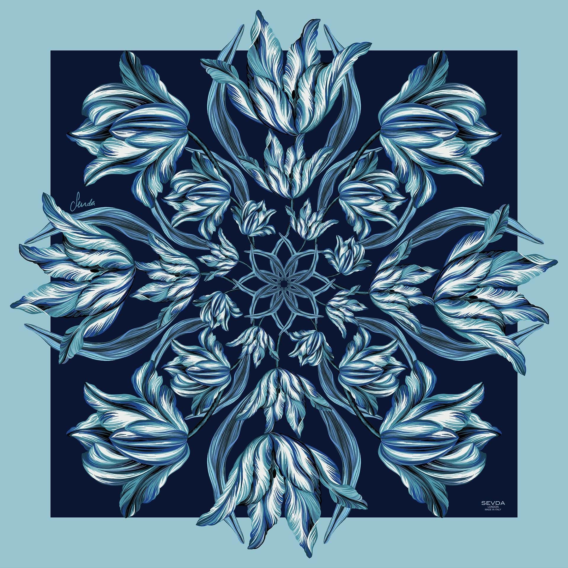 Blue British Tulip Garden Silk Scarf - Fusion of London's design and Italian craftsmanship, an exquisite gift choice.