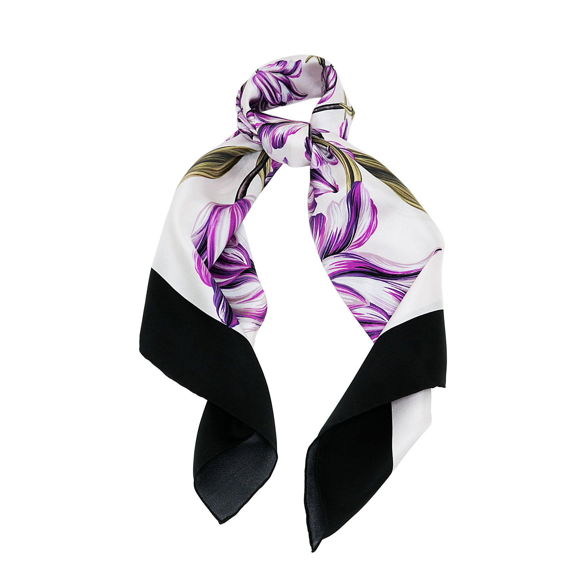 Violet British Tulip Garden Silk Scarf - Fusion of London's design and Italian craftsmanship, an exquisite gift choice.