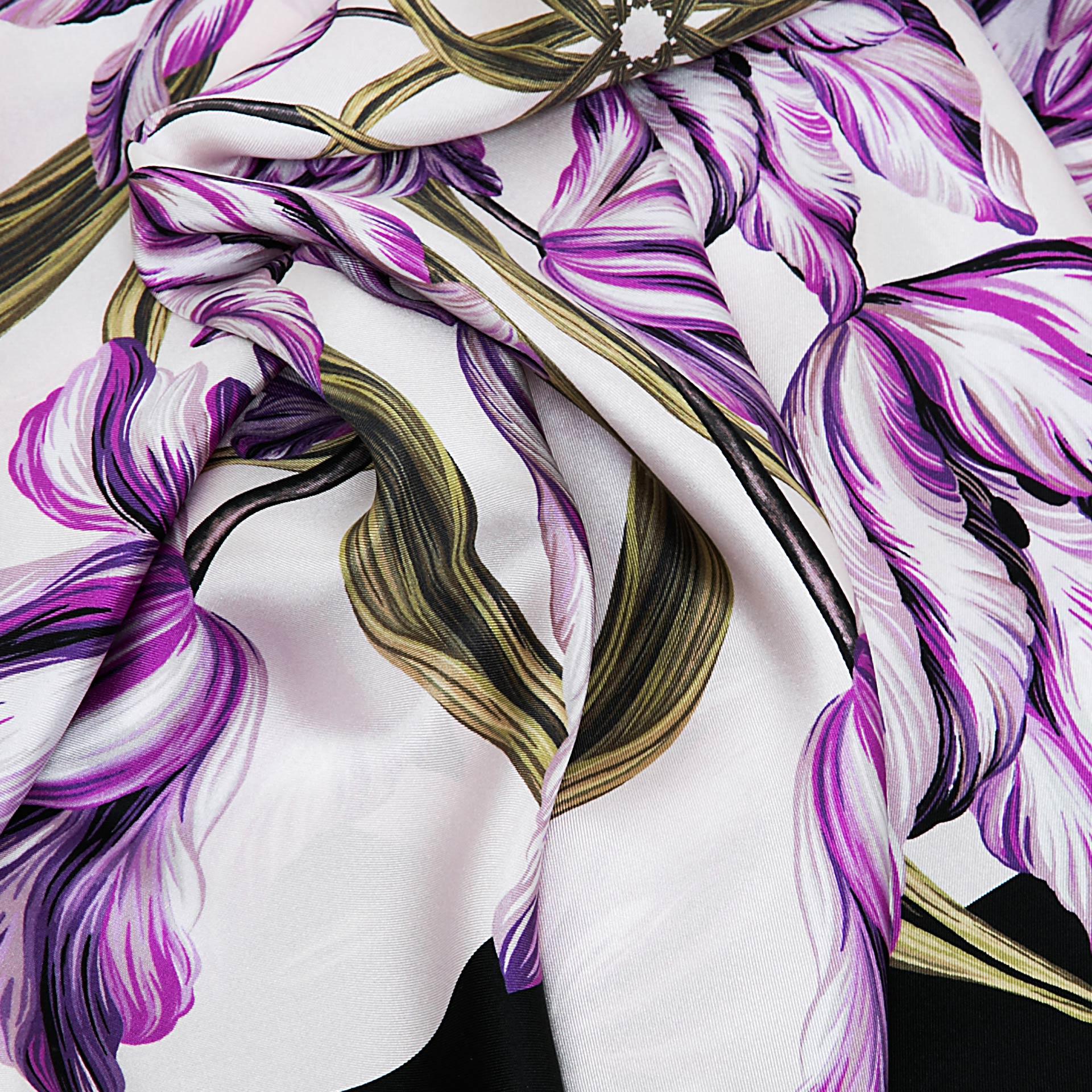 Violet British Tulip Garden Silk Scarf - Fusion of London's design and Italian craftsmanship, an exquisite gift choice.