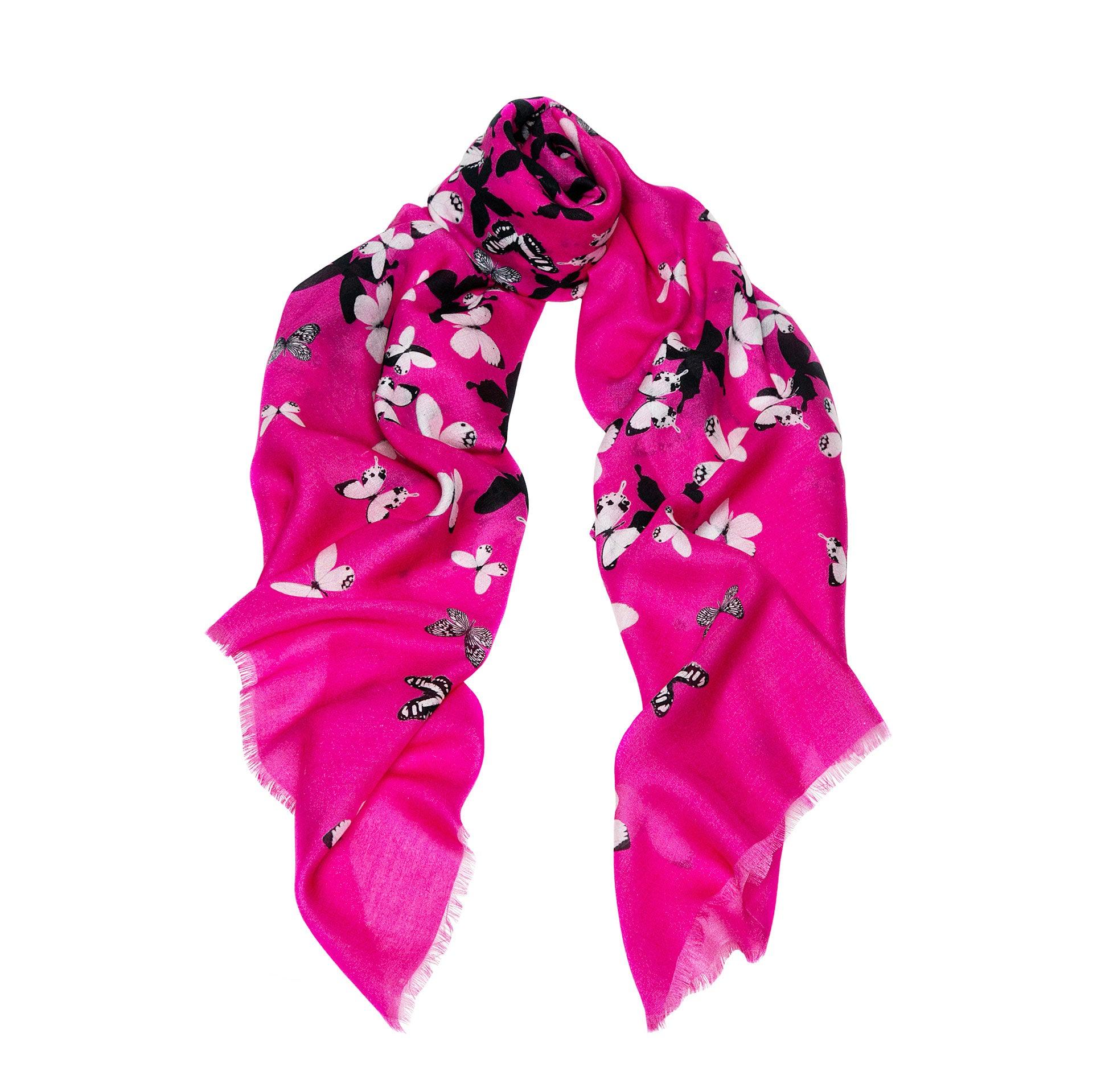 Fuchsia Pink Butterflies Cashmere Blend Scarf - Fusion of London's design and Italian craftsmanship, a luxurious gift choice.