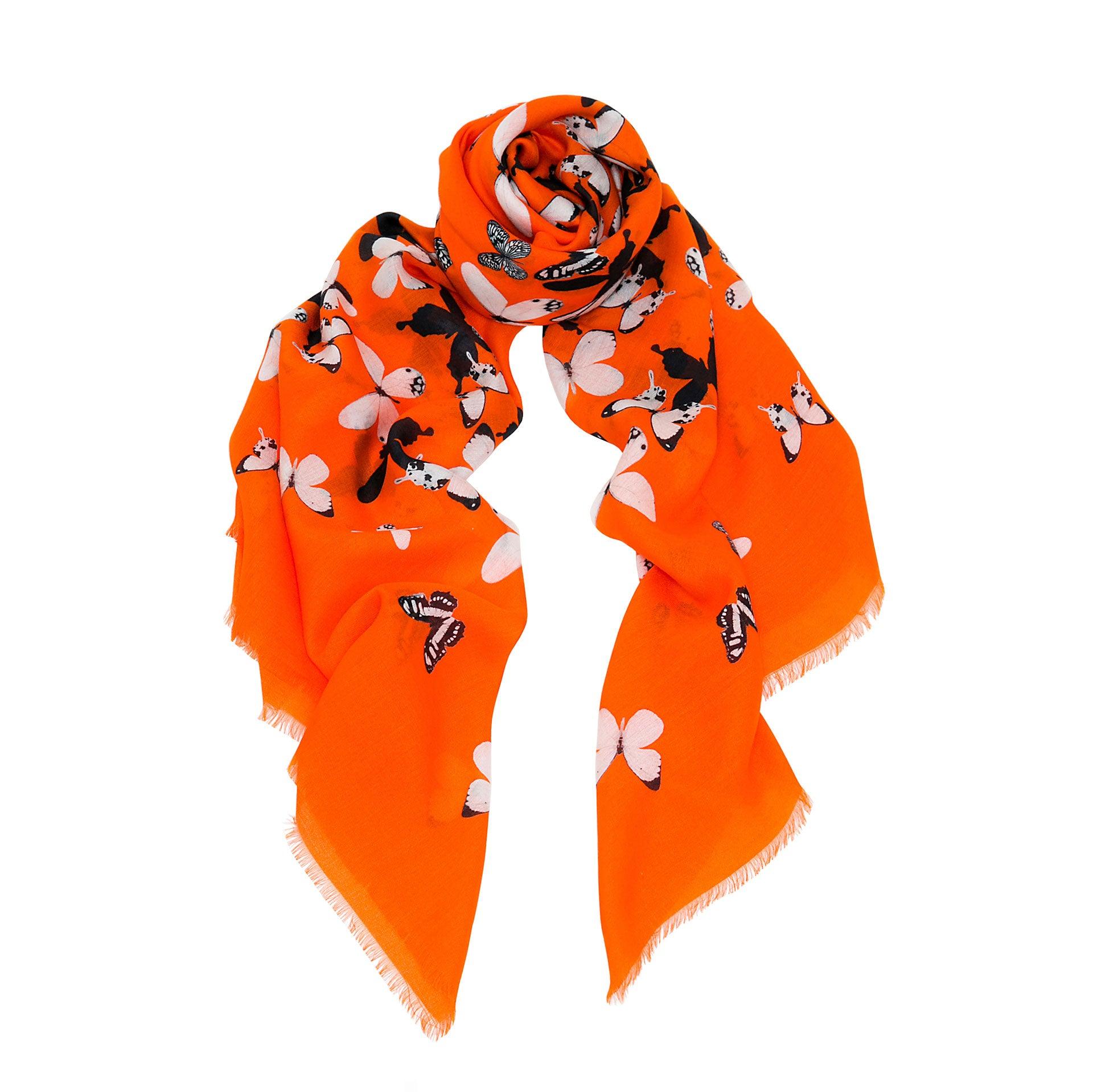 Orange Butterflies Cashmere Blend Scarf - Fusion of London's design and Italian craftsmanship, a luxurious gift choice.
