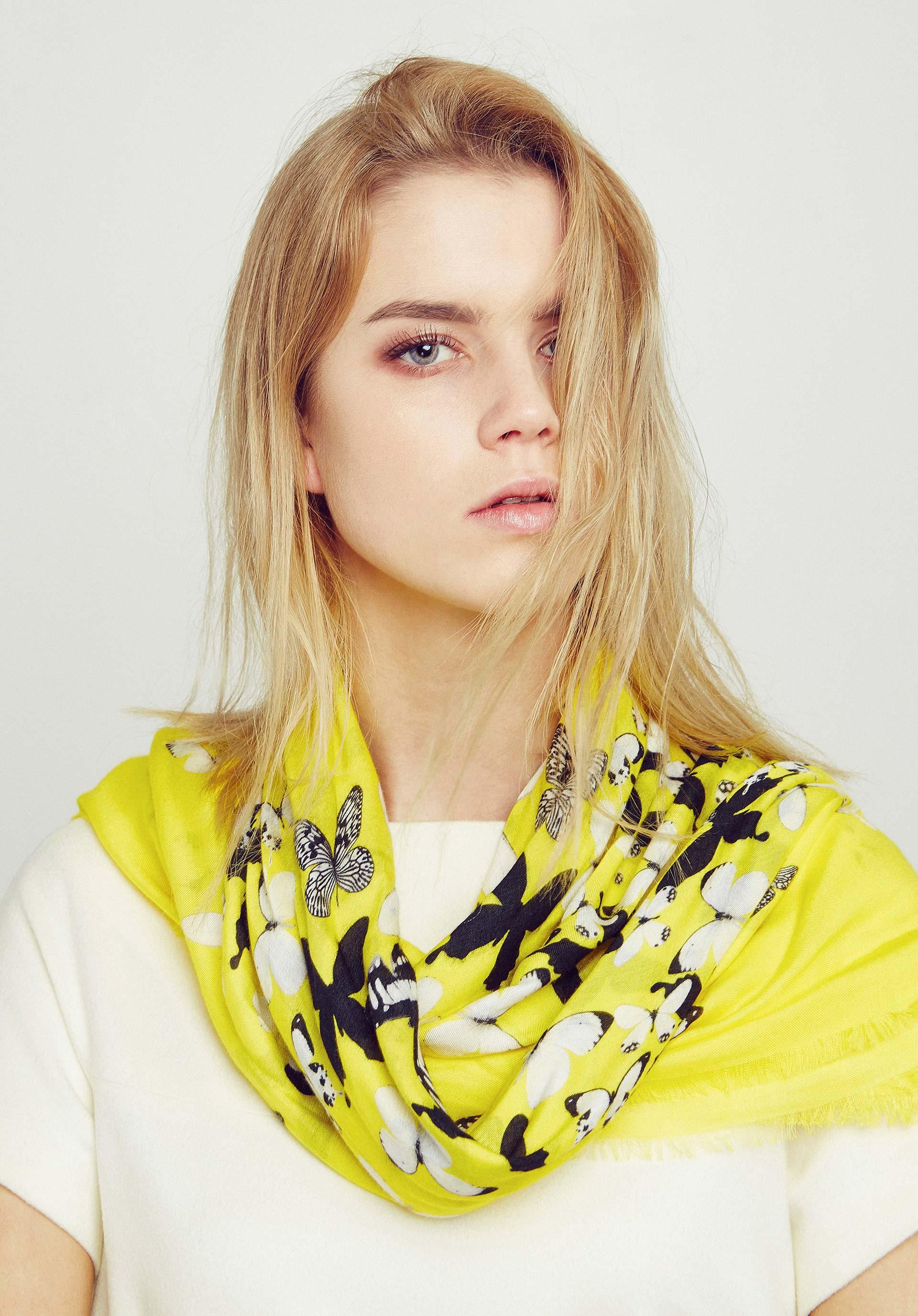 Yellow Butterflies Cashmere Blend Scarf - Fusion of London's design and Italian craftsmanship, a luxurious gift choice.