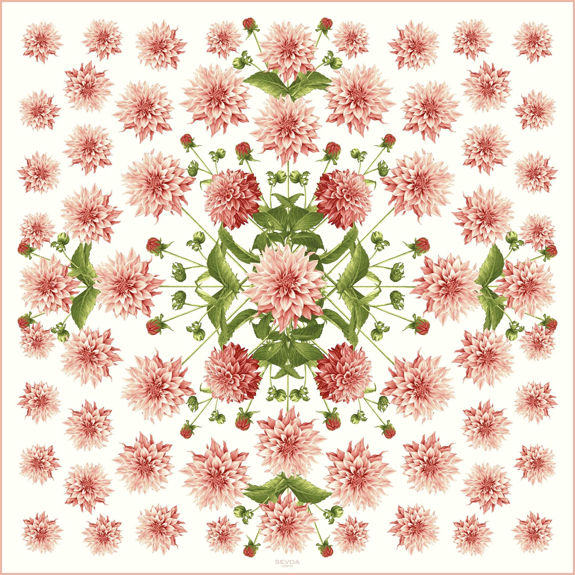 Coral Pink Dahlia Garden Silk Scarf - Harmonising London's design with Italian craftsmanship, a splendid gift choice.