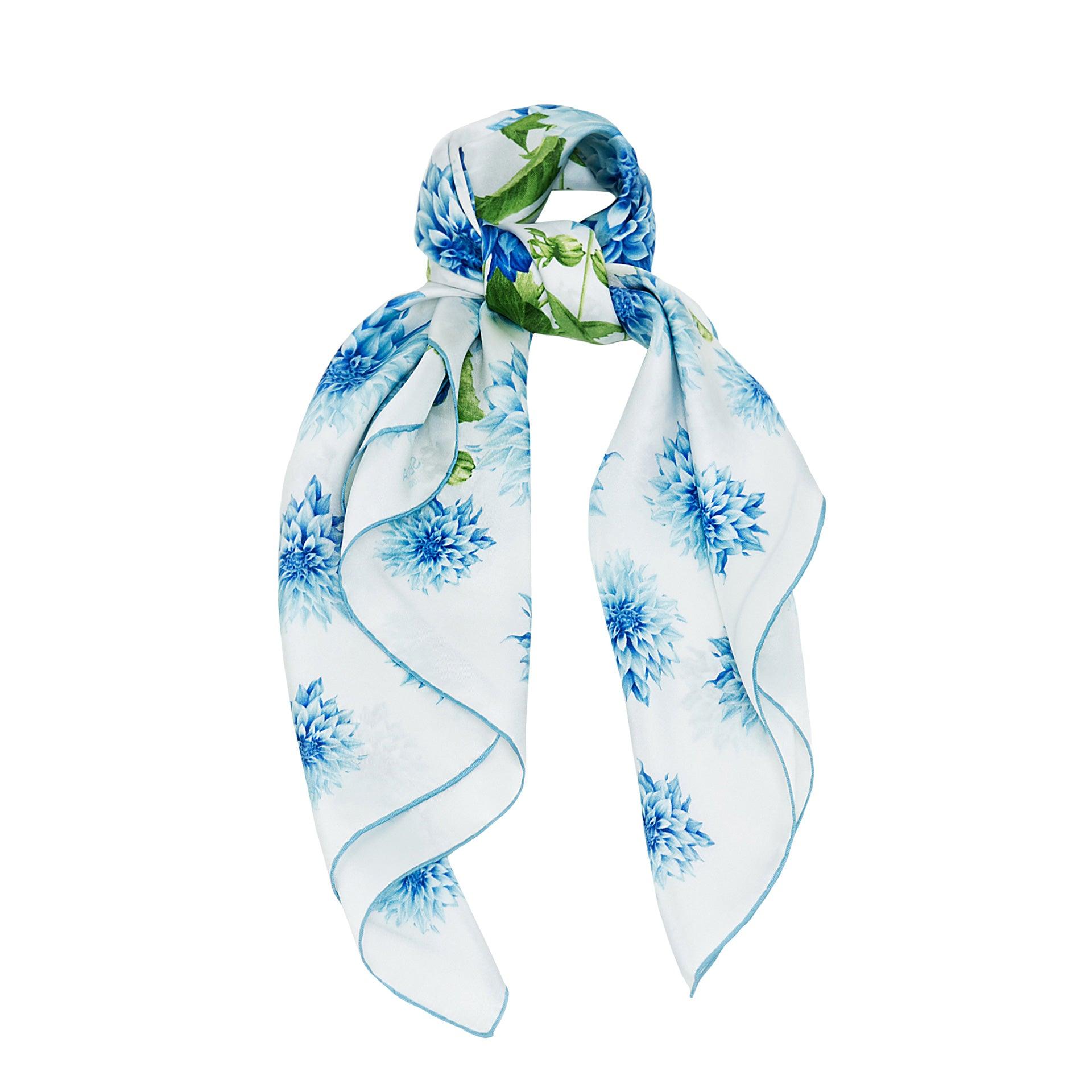 Blue Dahlia Garden Silk Scarf - Harmonizing London's design with Italian craftsmanship, a splendid gift choice.