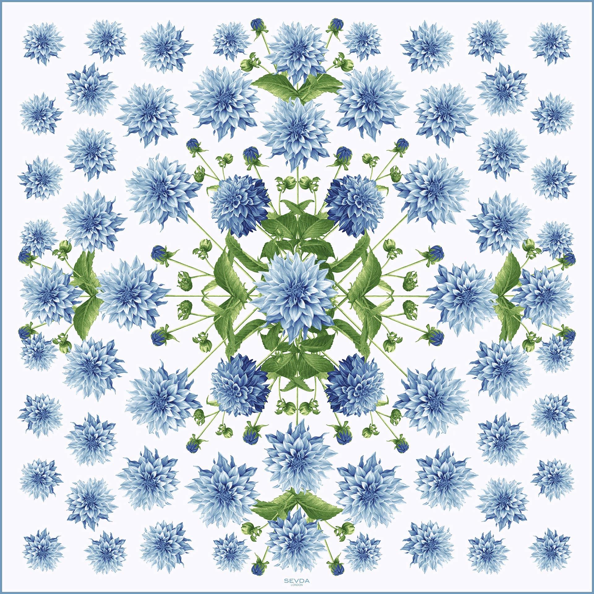 Blue Dahlia Garden Silk Scarf - Harmonizing London's design with Italian craftsmanship, a splendid gift choice.