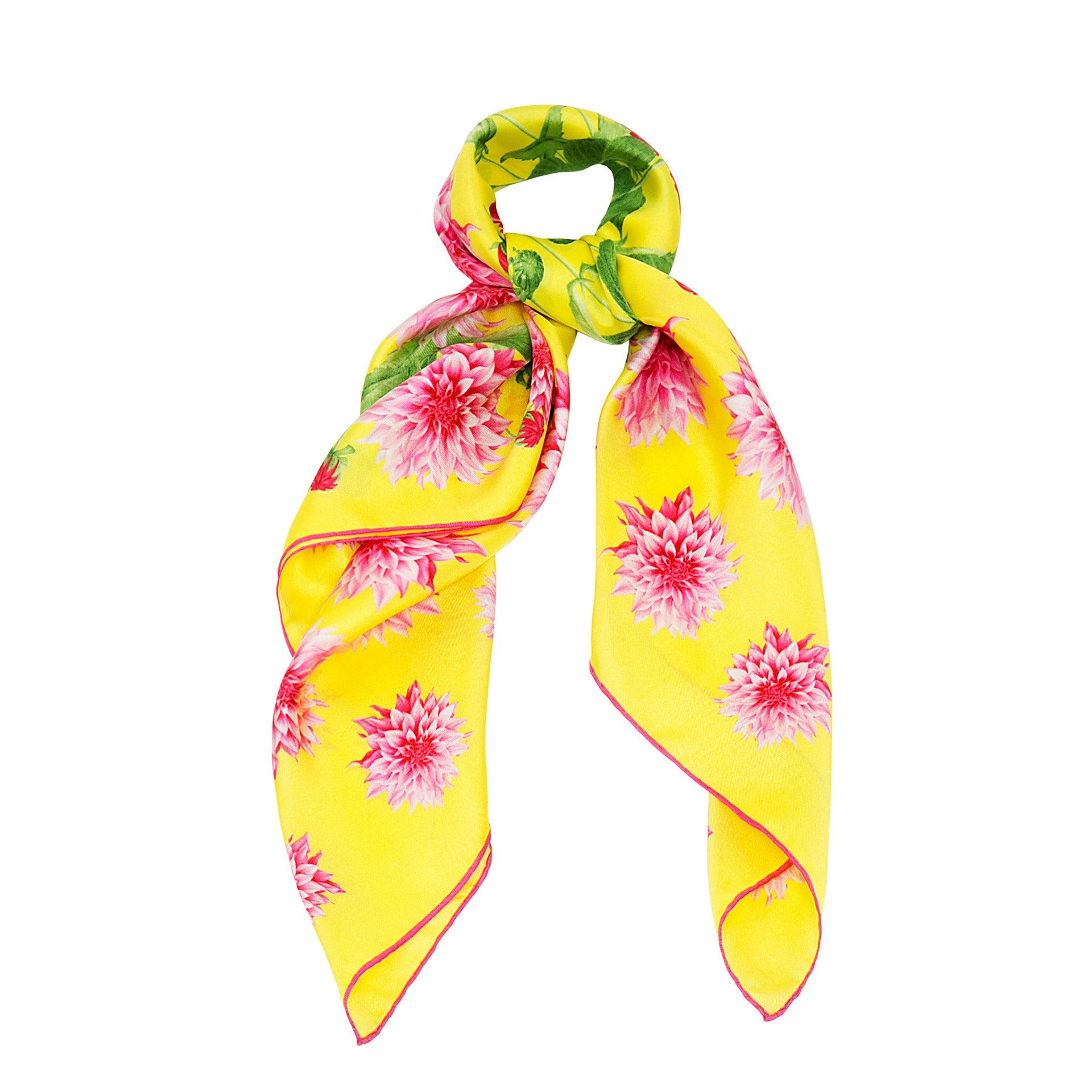 Yellow Dahlia Garden Silk Scarf - Harmonising London's design with Italian craftsmanship, a splendid gift choice.