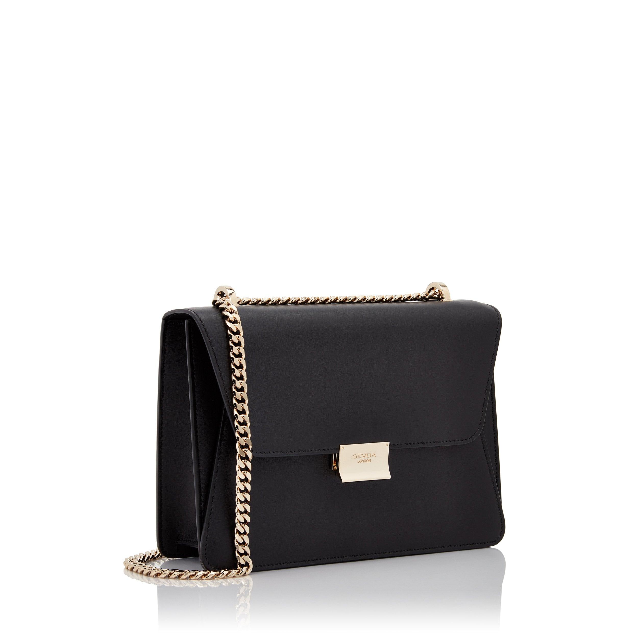 Black Designer Shoulder Bag with Gold Chain - Where London fashion meets Italian craftsmanship.