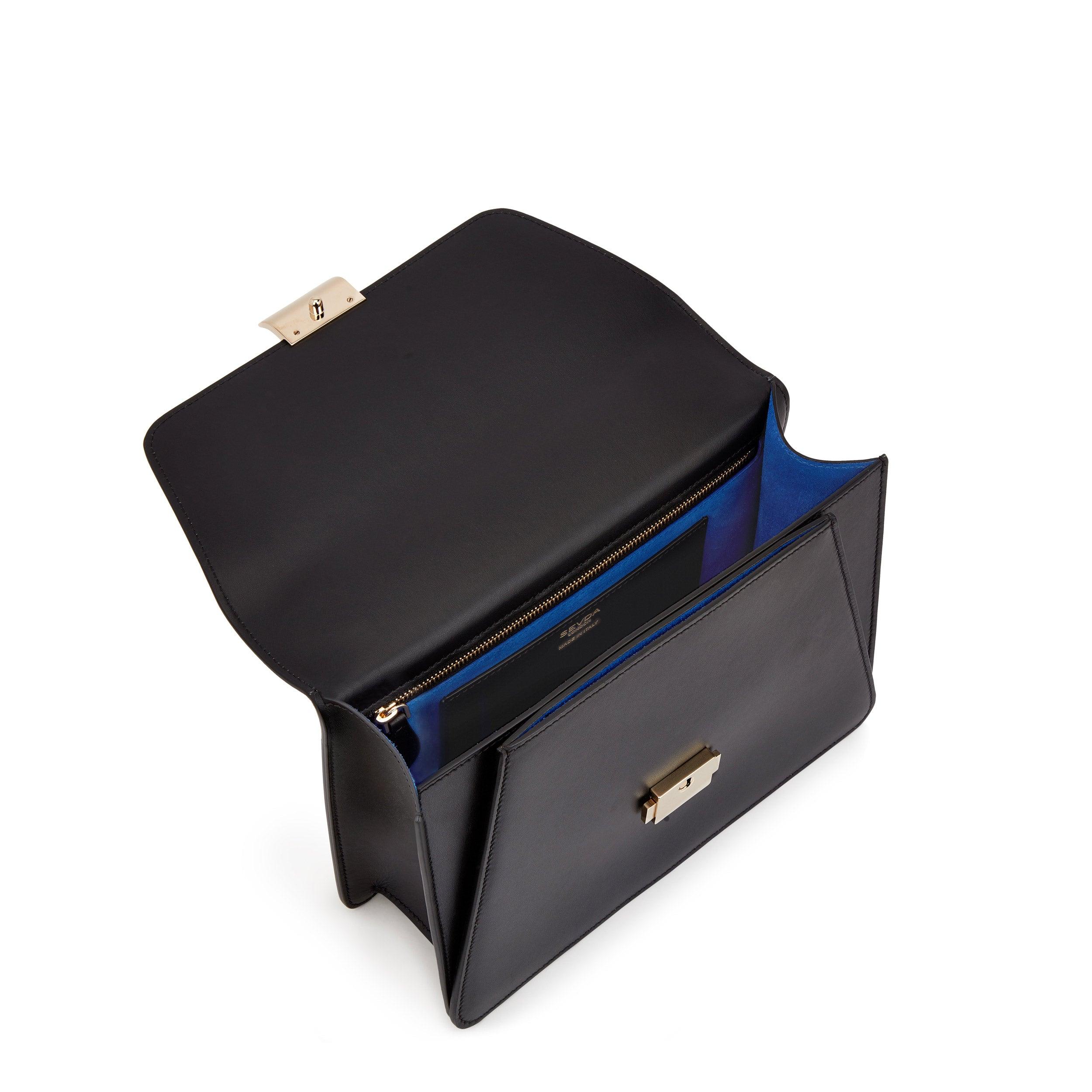 Black Designer Shoulder Bag with Gold Chain - Where London fashion meets Italian craftsmanship.