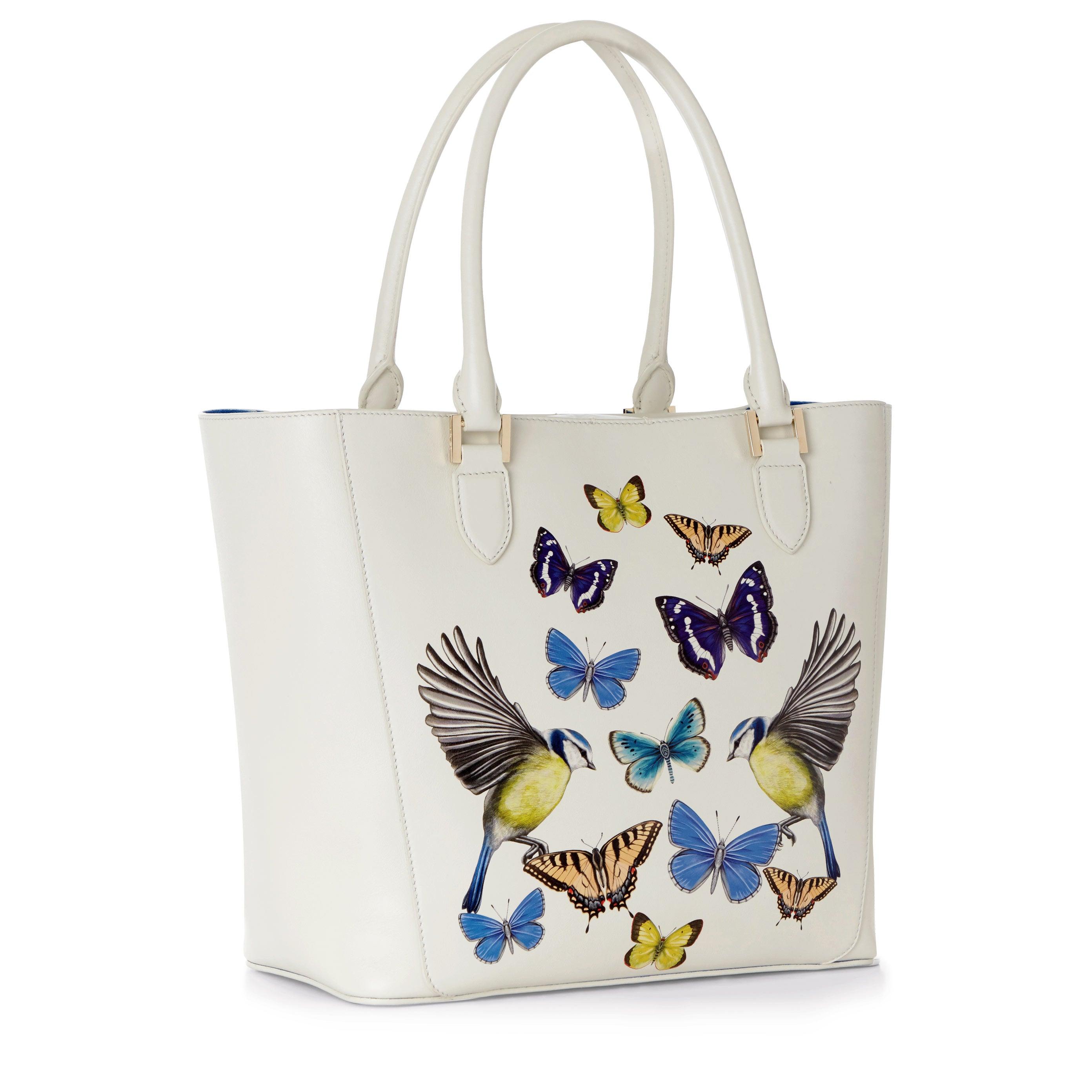 Off White Princess Shopper Bag with Butterflies Print - SEVDA LONDON Designer Bags from Italy.