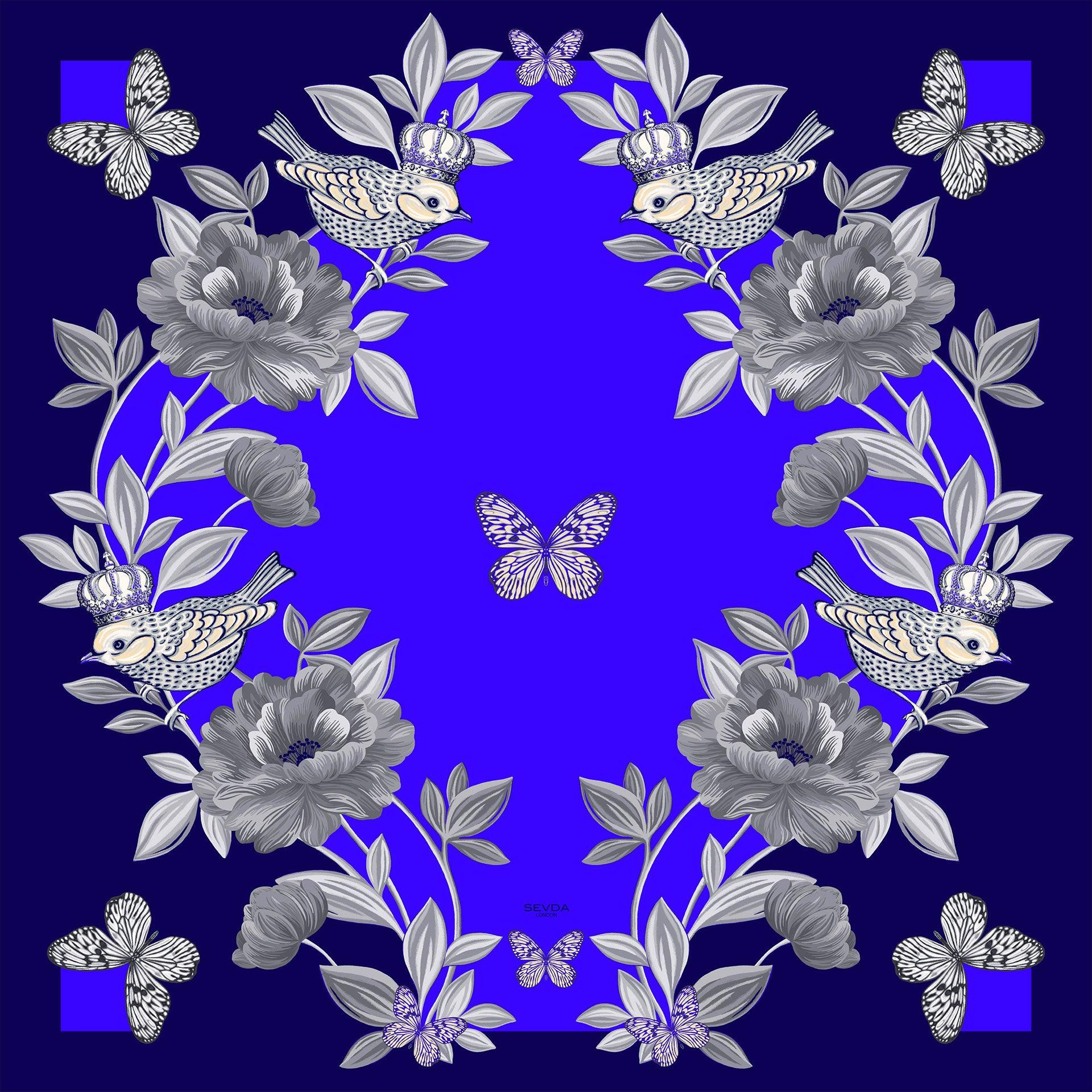 Cobalt Blue British Rose Garden Silk Scarf - Marrying London's design with Italian craftsmanship, a luxurious gift from the heart.